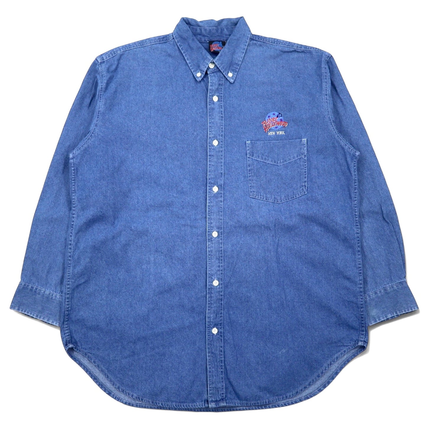 90s PLANET HOLLYWOOD denim button-down shirt, size XL, blue cotton, one-point logo embroidery