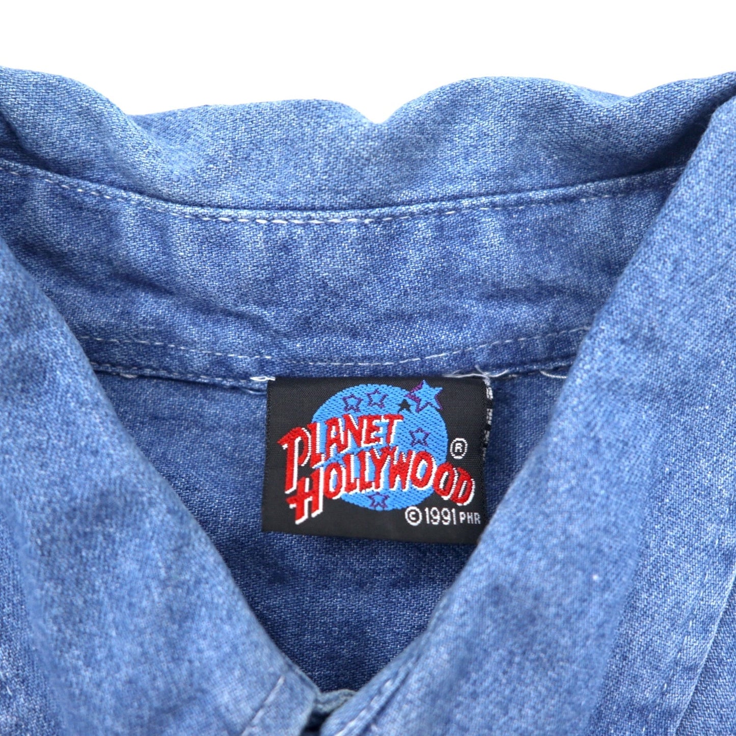 90s PLANET HOLLYWOOD denim button-down shirt, size XL, blue cotton, one-point logo embroidery