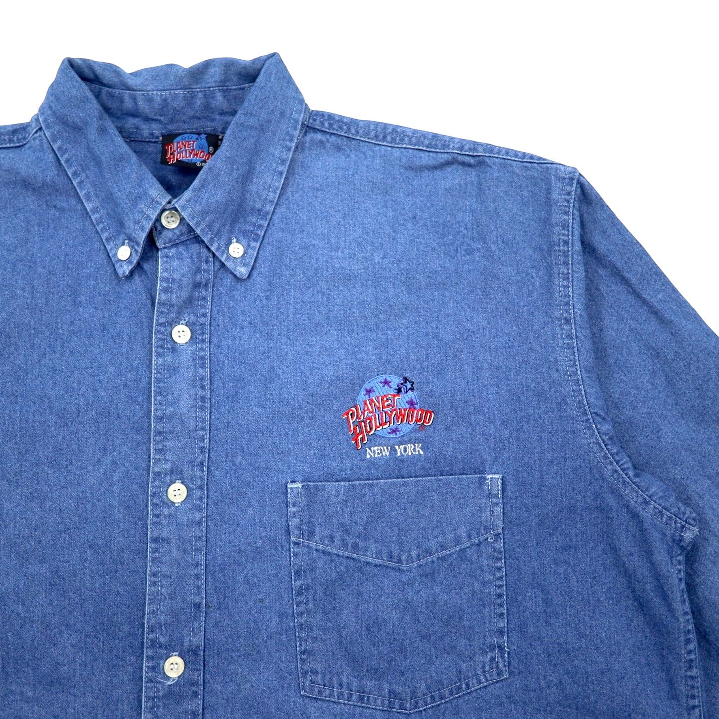90s PLANET HOLLYWOOD denim button-down shirt, size XL, blue cotton, one-point logo embroidery