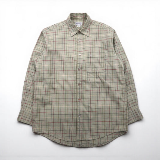 BURBERRY 90年代 長袖シャツ M ベージュ コットン チェック 胸ポケット ワンポイントロゴ 刺繍