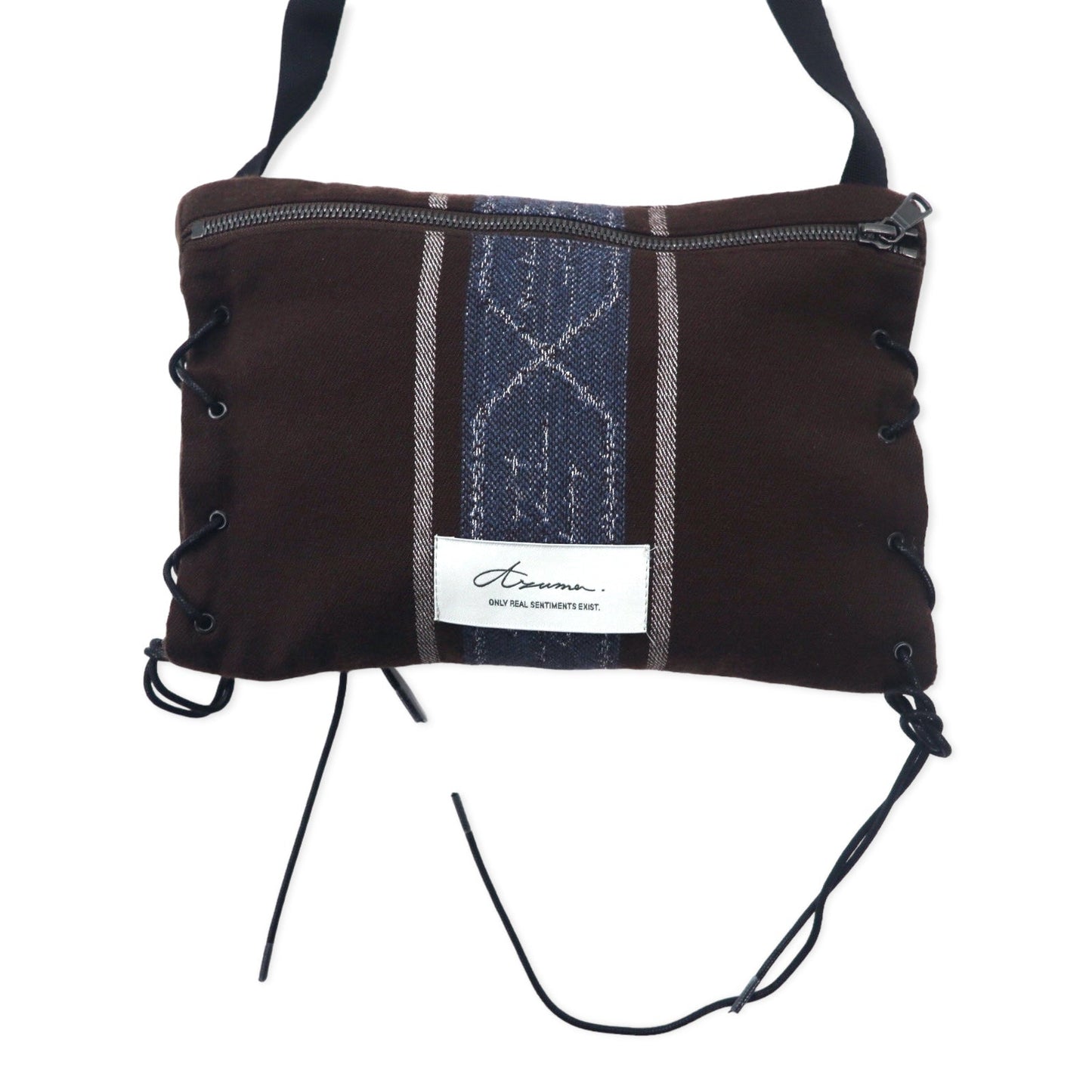 Azuma Tallit Stripe Utility Sack Sacoche Bag, Brown Wool Jacquard Lace-Up, TALLIT STRIPE UTILITY SACK (20AH-AC-05), HAZE, Made in Japan