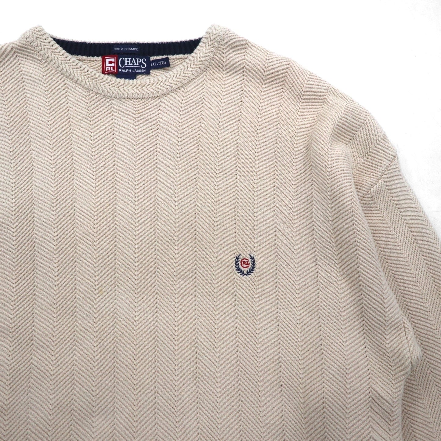 CHAPS RALPH LAUREN 90年代 3D ジャガード ヘリンボーン コットンニット 2XL ベージュ HAND FLAMED