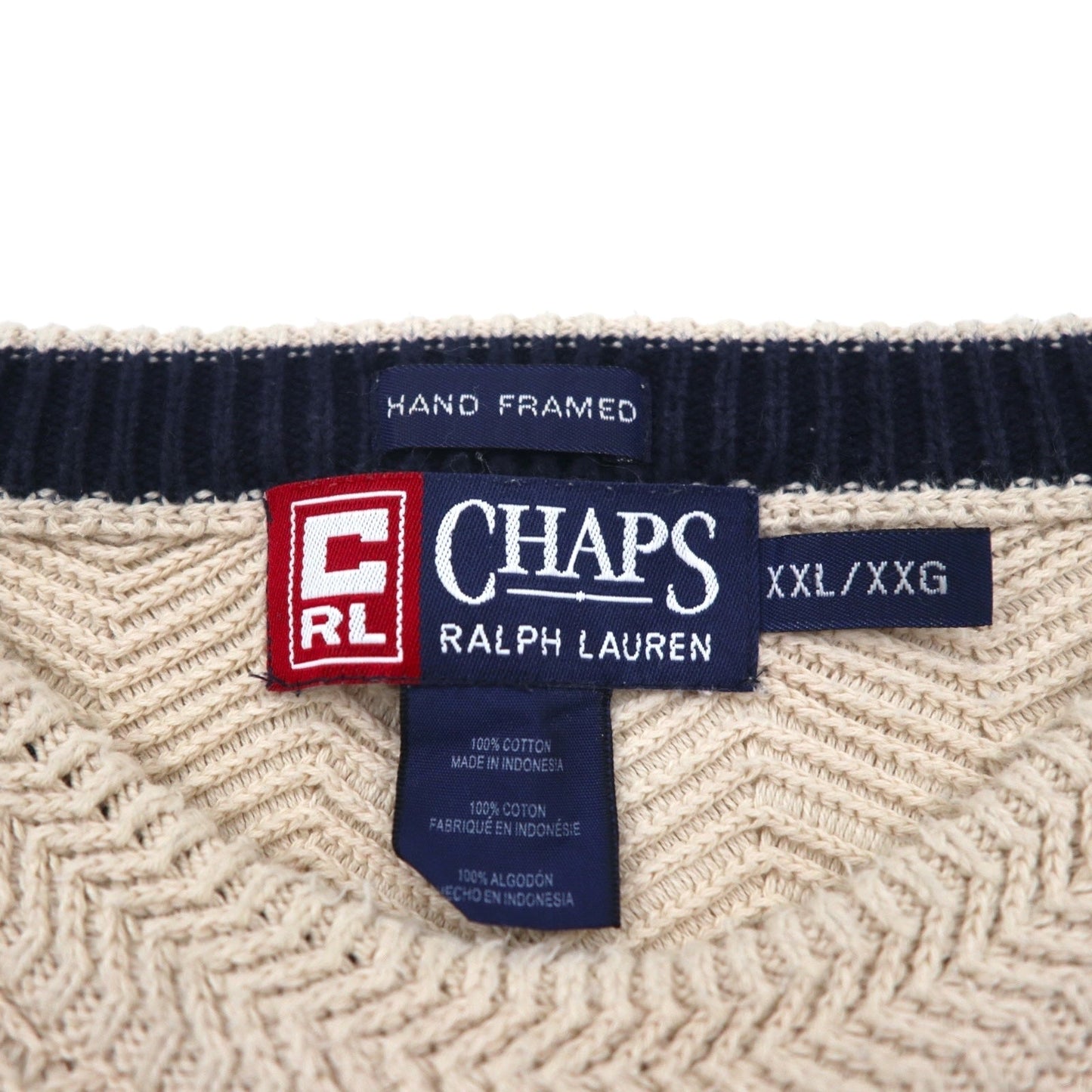 CHAPS RALPH LAUREN 90年代 3D ジャガード ヘリンボーン コットンニット 2XL ベージュ HAND FLAMED