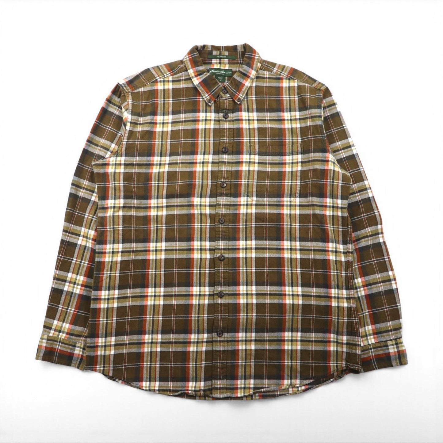 Eddie Bauer ボタンダウン フランネルシャツ L ブラウン チェック RELAXED FIT 胸ポケット 7709