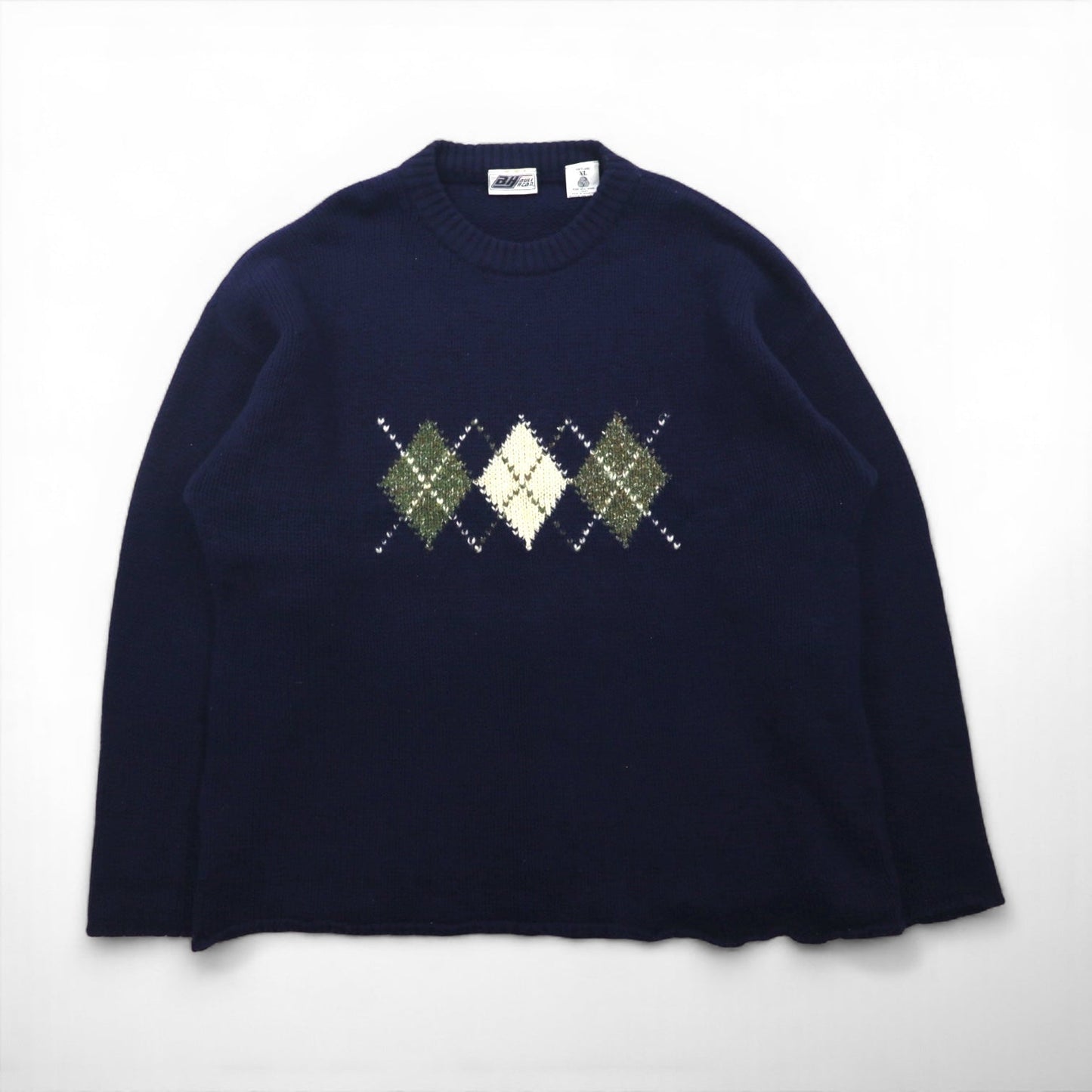 90s Vintage Shetland Wool Sweater アーガイル柄 ニット セーター XL ネイビー BULL HEAD SHETLAND 羊毛