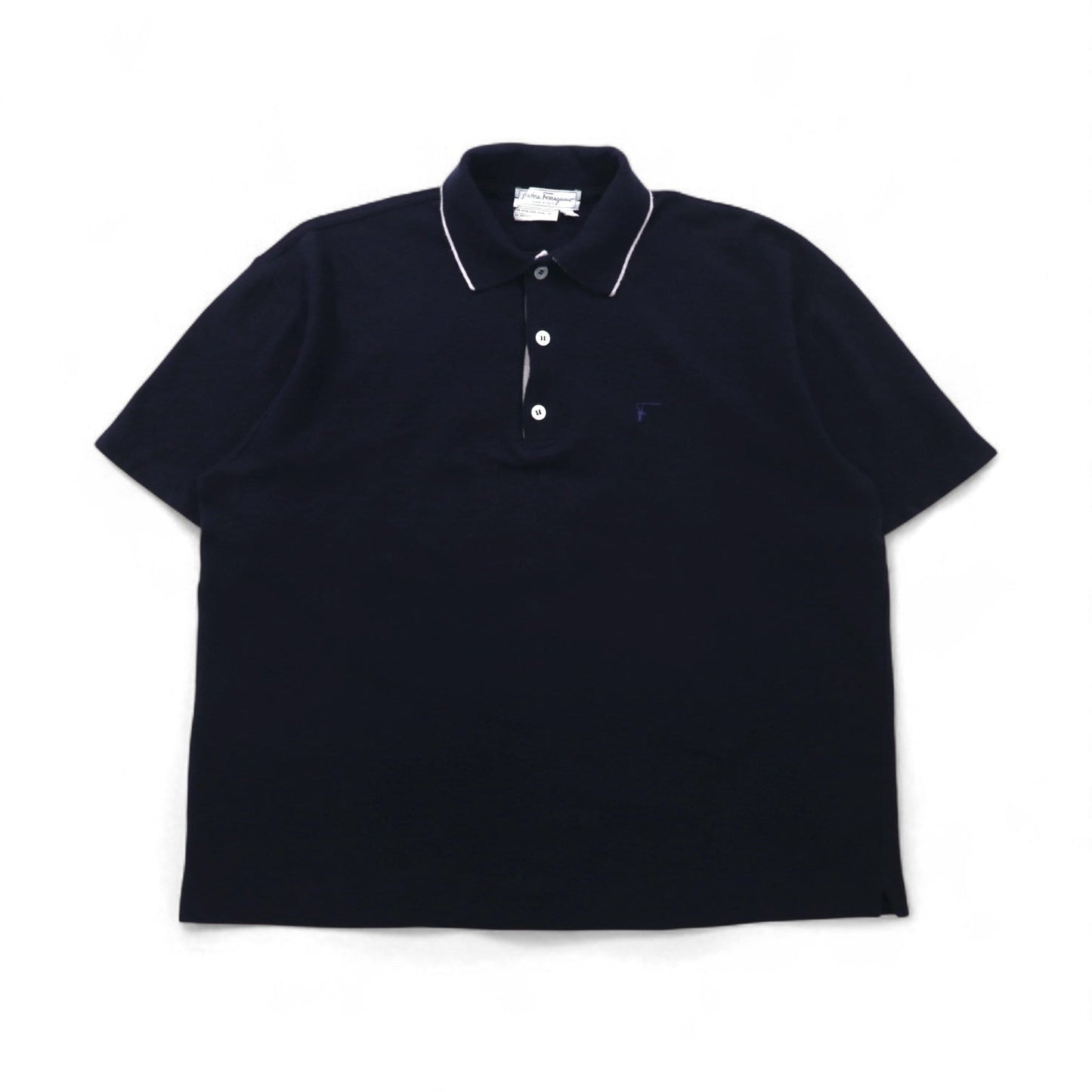 Salvatore Ferragamo Italian-made wide-leg polo shirt, size L, navy cotton with one-point logo embroidery.