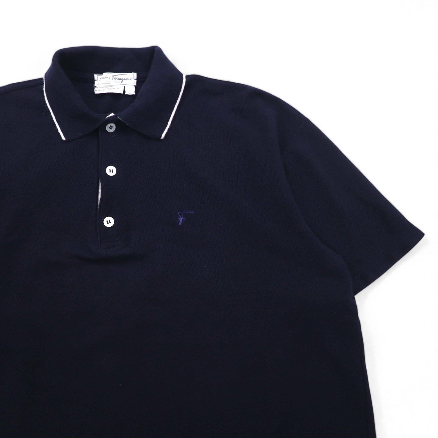 Salvatore Ferragamo Italian-made wide-leg polo shirt, size L, navy cotton with one-point logo embroidery.