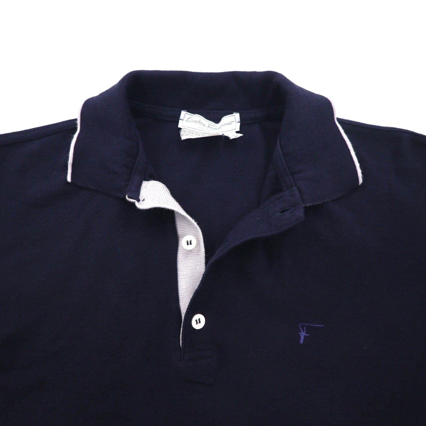 Salvatore Ferragamo Italian-made wide-leg polo shirt, size L, navy cotton with one-point logo embroidery.