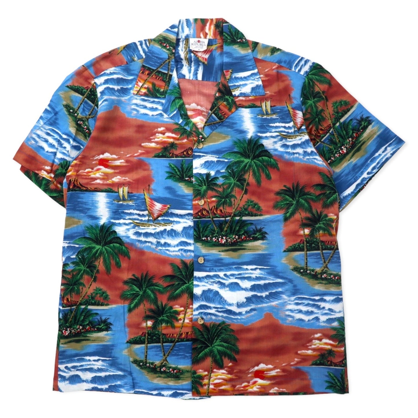 ALOHA REPUBLIC Aloha Shirt, Open Collar, Size M, Blue, Cotton, Beach Print, Made in Hawaii (USA)
