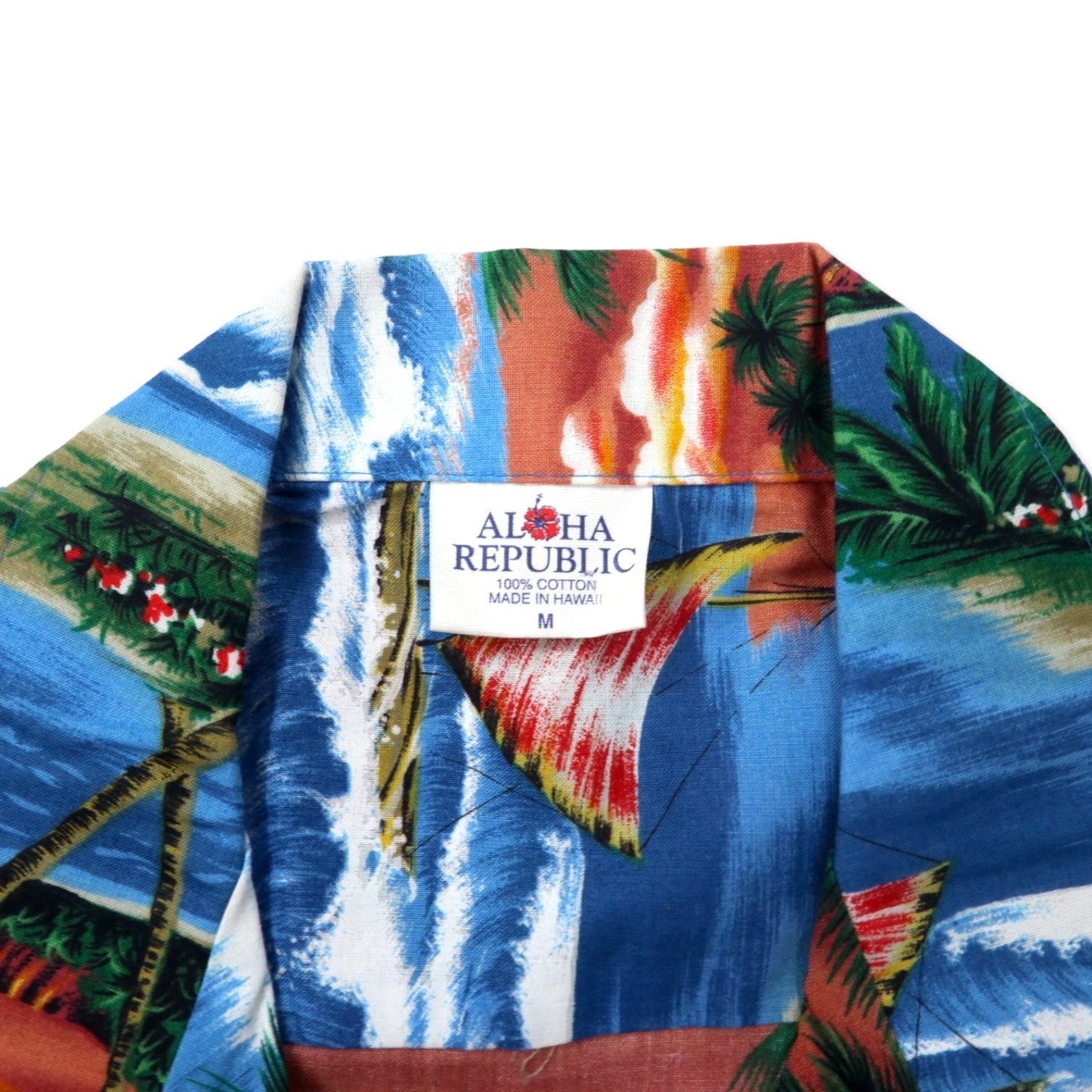 ALOHA REPUBLIC Aloha Shirt, Open Collar, Size M, Blue, Cotton, Beach Print, Made in Hawaii (USA)