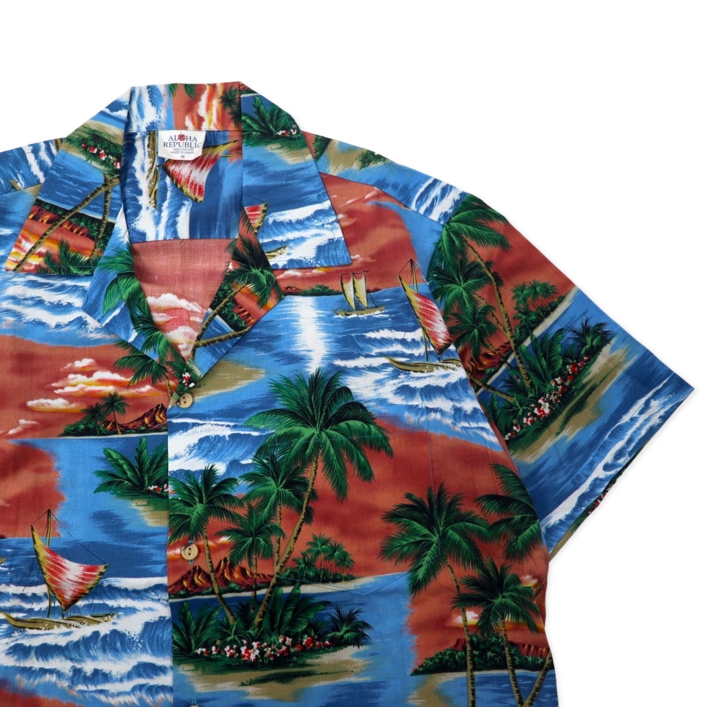 ALOHA REPUBLIC Aloha Shirt, Open Collar, Size M, Blue, Cotton, Beach Print, Made in Hawaii (USA)