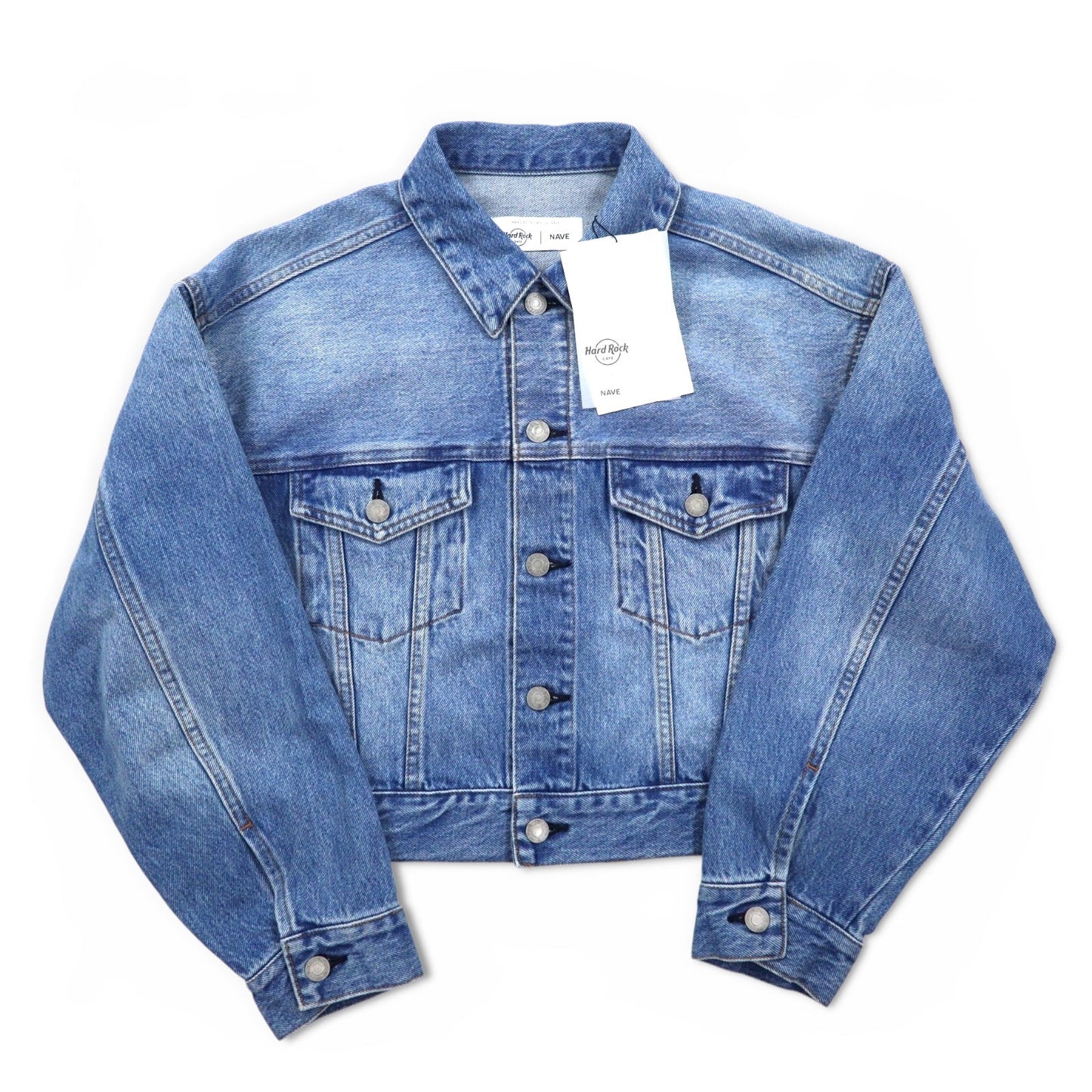 Hard Rock Cafe by NAVE Cropped Logo Denim Jacket, Size S, Indigo Blue, Back Logo Embroidery, Onward Kashiyama, Unused