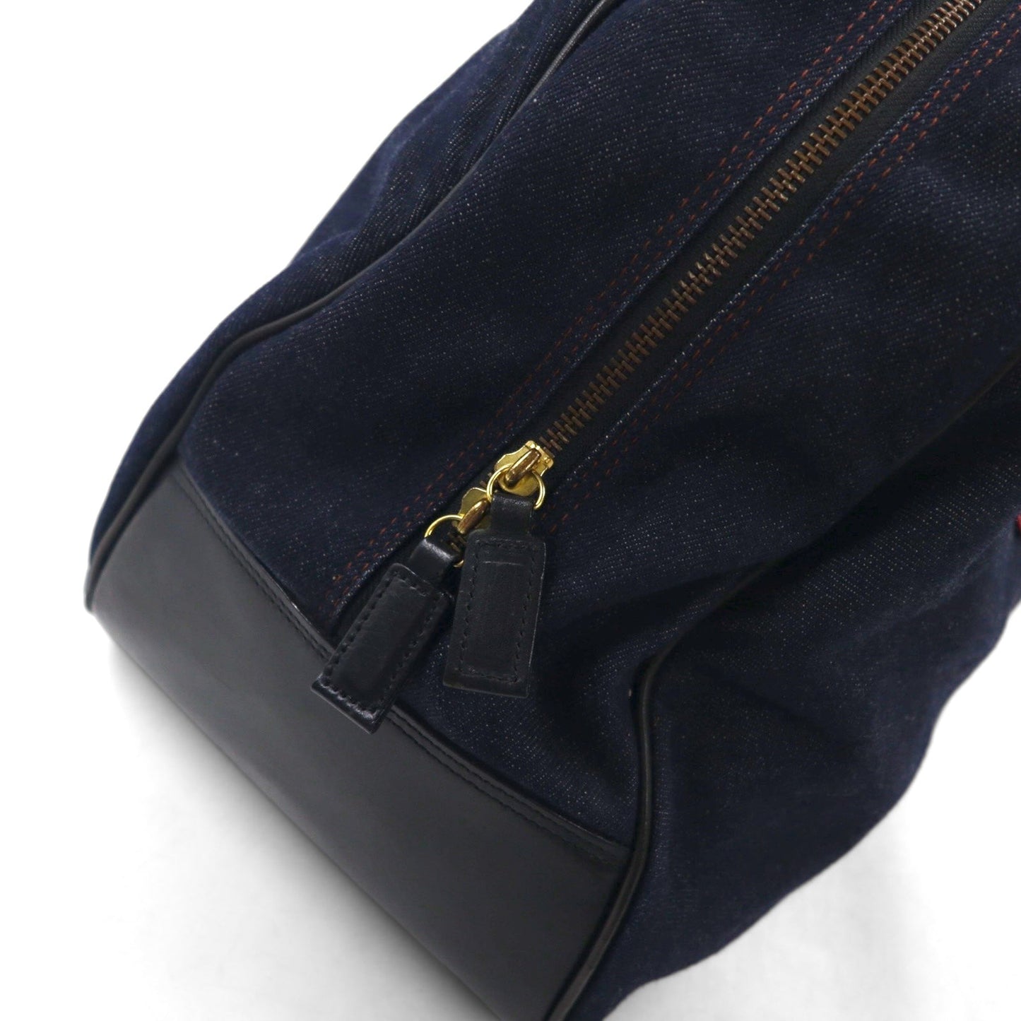 EVISU Leather Handle Denim Boston Bag Handbag in Indigo, Blue, and Dark Navy with Pockets