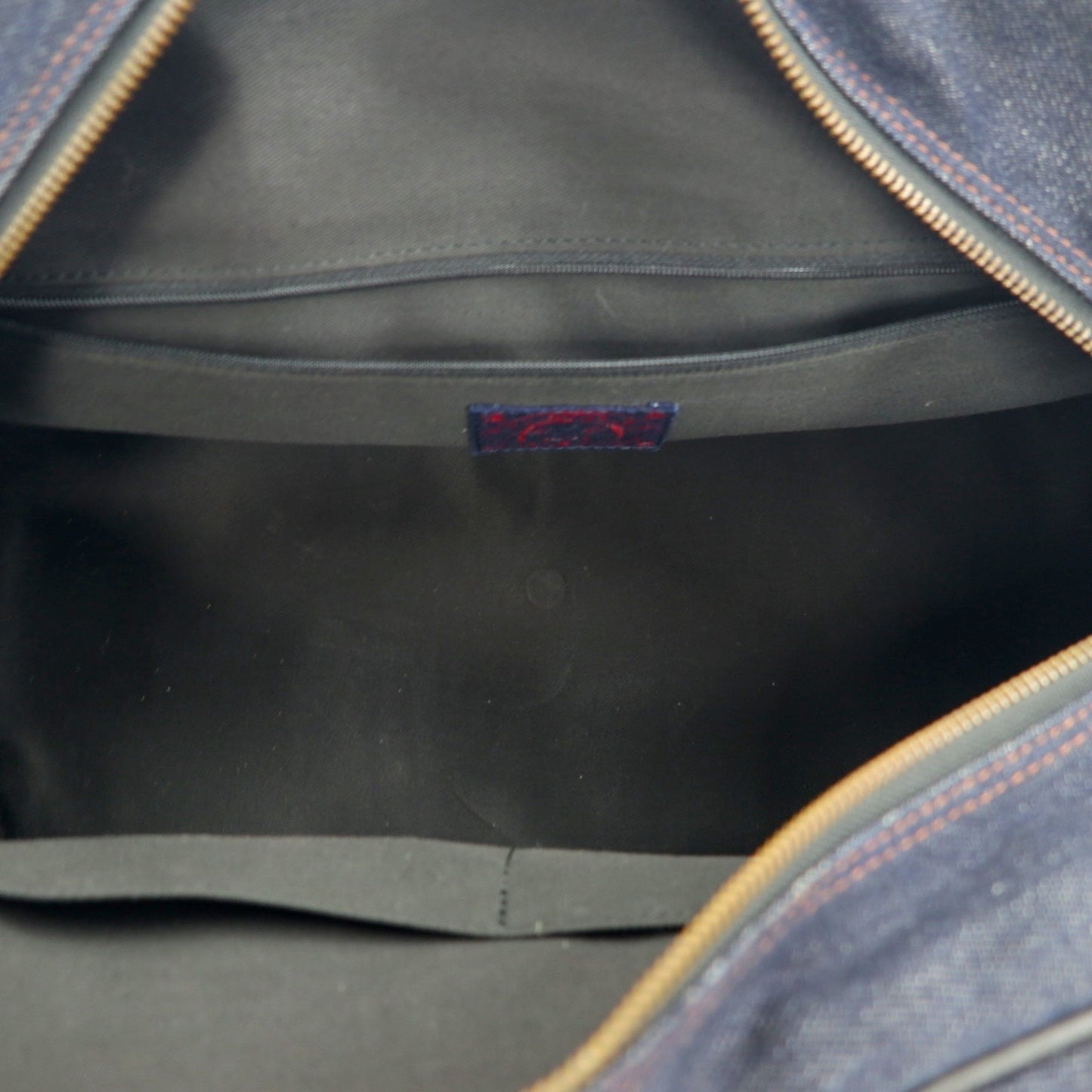 EVISU Leather Handle Denim Boston Bag Handbag in Indigo, Blue, and Dark Navy with Pockets