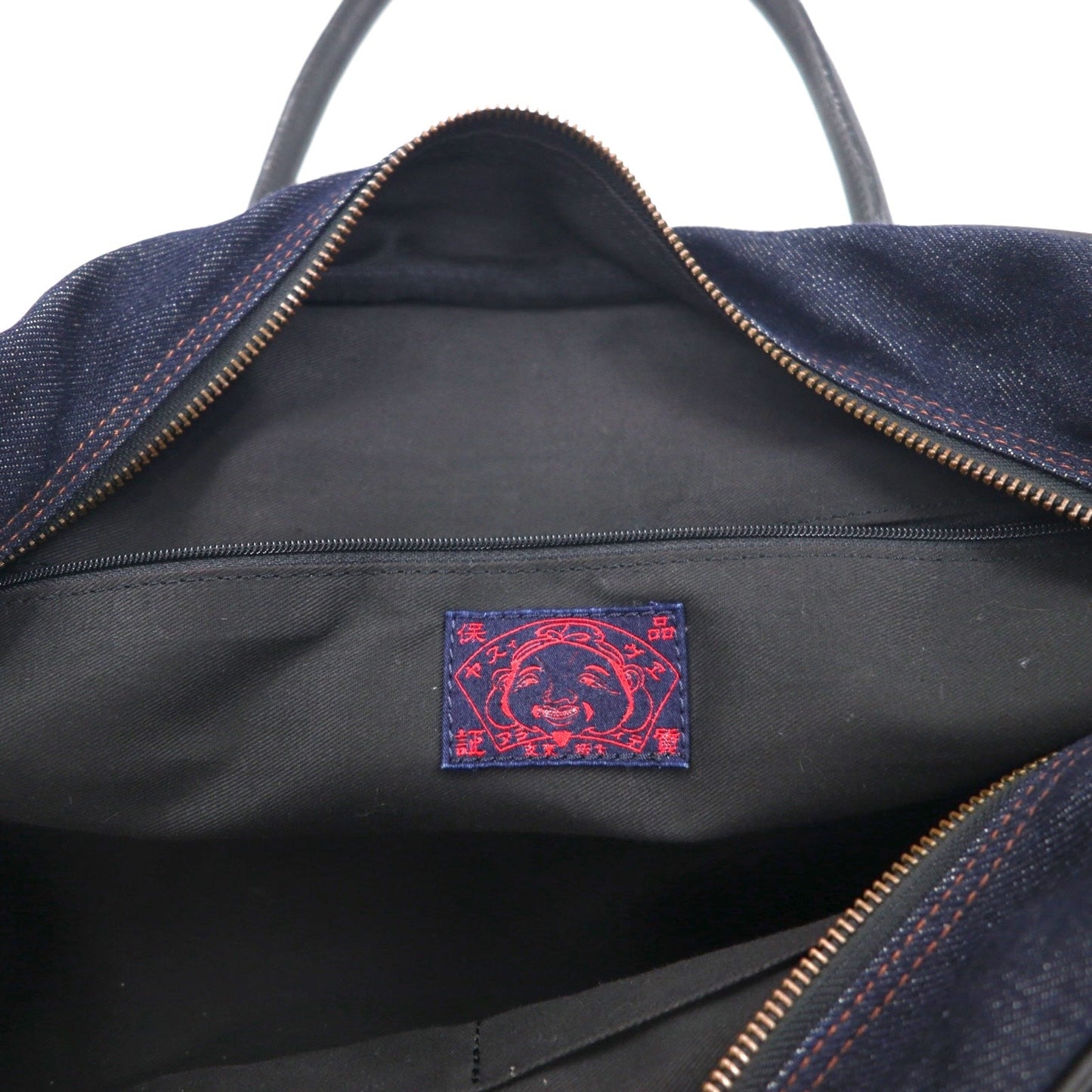 EVISU Leather Handle Denim Boston Bag Handbag in Indigo, Blue, and Dark Navy with Pockets