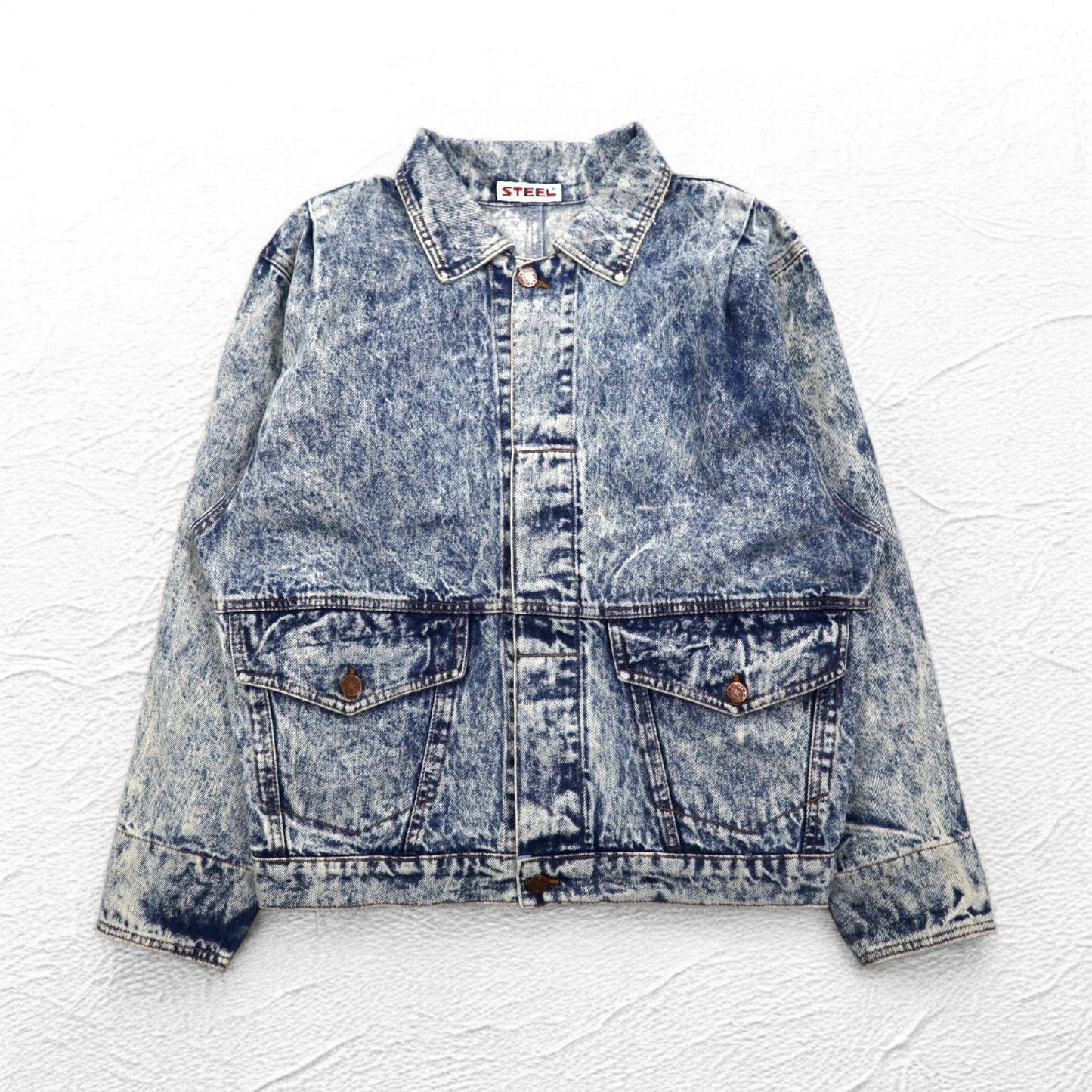 Made in the USA, 90s Steel Chemical Wash Denim Jacket, Size L, Blue, Cinch Back
