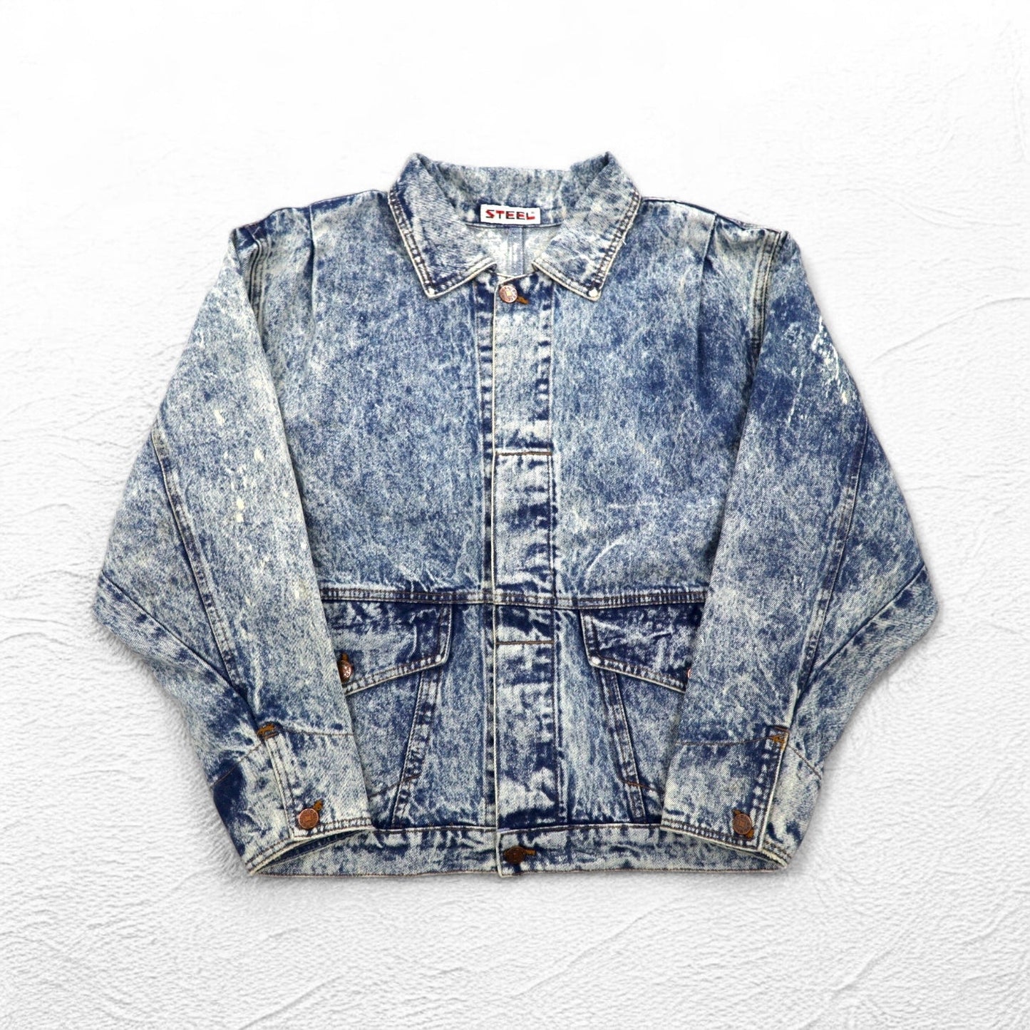 Made in the USA, 90s Steel Chemical Wash Denim Jacket, Size L, Blue, Cinch Back