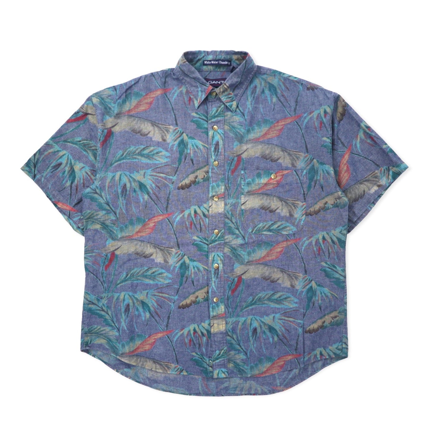 GANT Aloha Shirt, Size L, Blue Cotton Chambray, All-Over Botanical Print, White Water Chambray