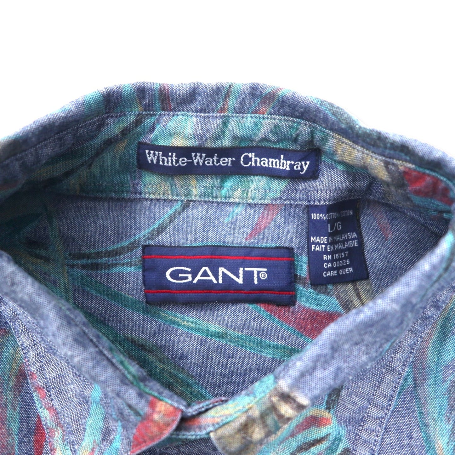GANT Aloha Shirt, Size L, Blue Cotton Chambray, All-Over Botanical Print, White Water Chambray