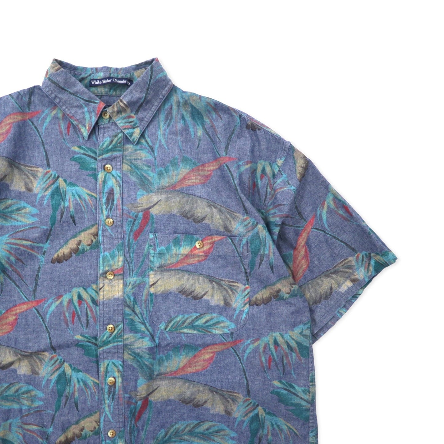 GANT Aloha Shirt, Size L, Blue Cotton Chambray, All-Over Botanical Print, White Water Chambray