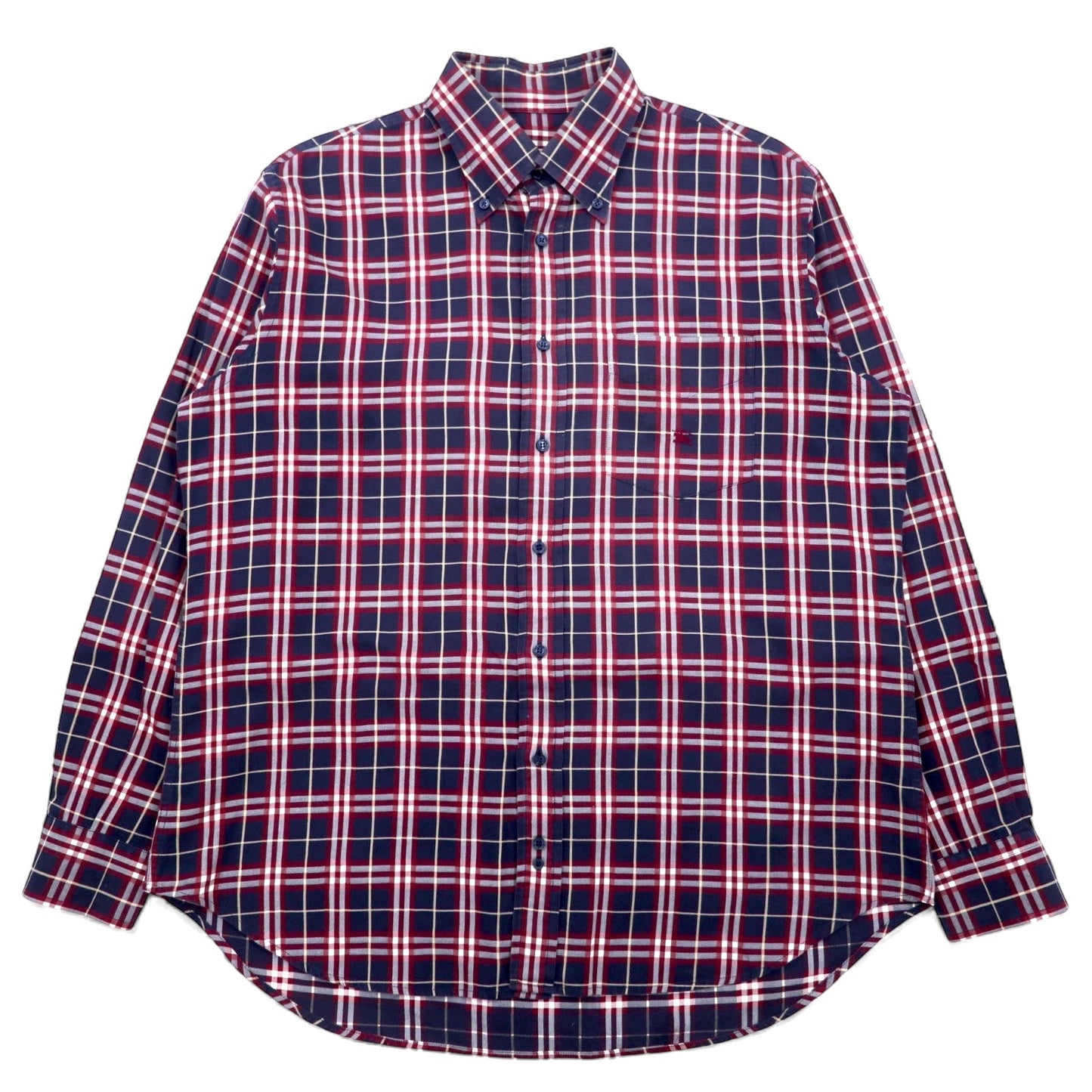 BURBERRY Nova Check Button-Down Shirt, Size L, Navy, Cotton, One-Point Logo Embroidery