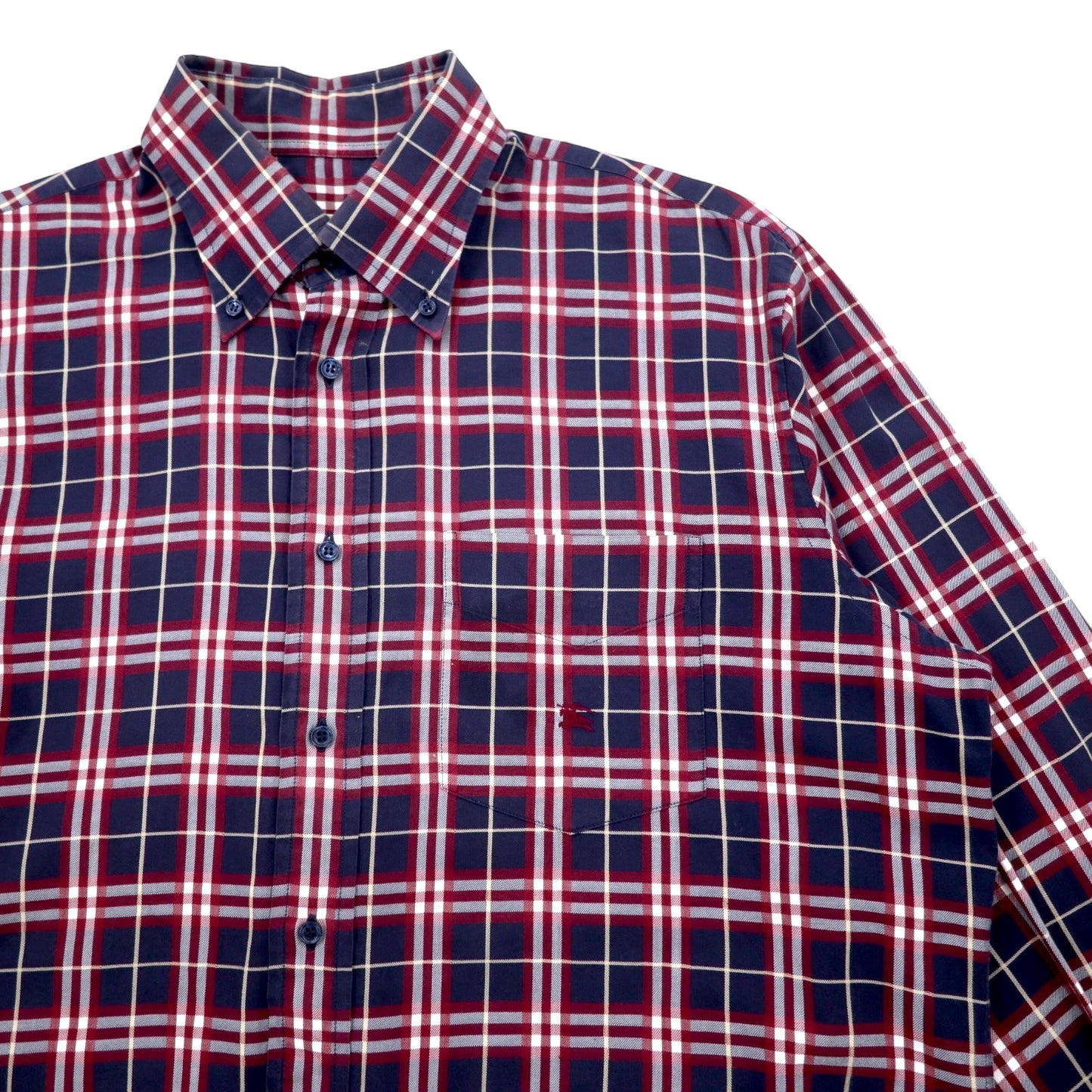 BURBERRY Nova Check Button-Down Shirt, Size L, Navy, Cotton, One-Point Logo Embroidery