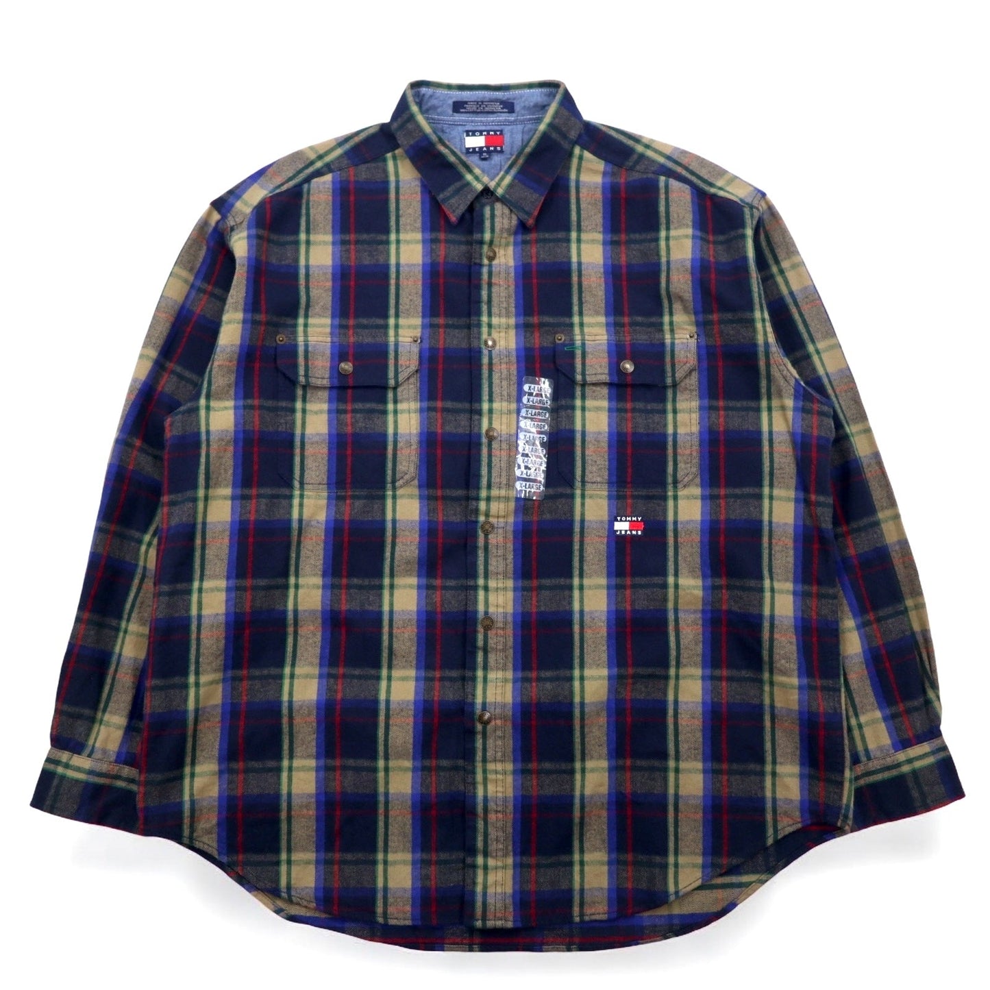 TOMMY JEANS 90s Flannel Shirt, Size XL, Navy Check, Cotton, Snap Buttons, Unused