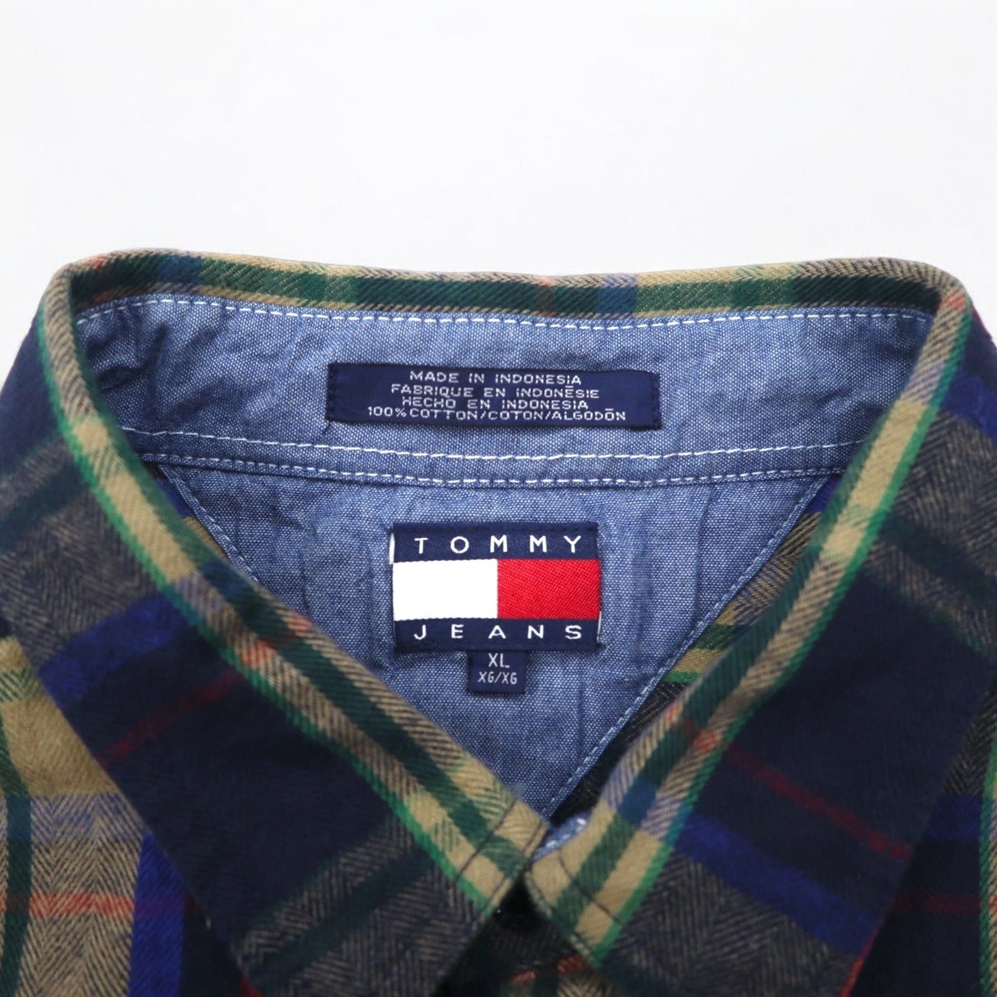 TOMMY JEANS 90s Flannel Shirt, Size XL, Navy Check, Cotton, Snap Buttons, Unused