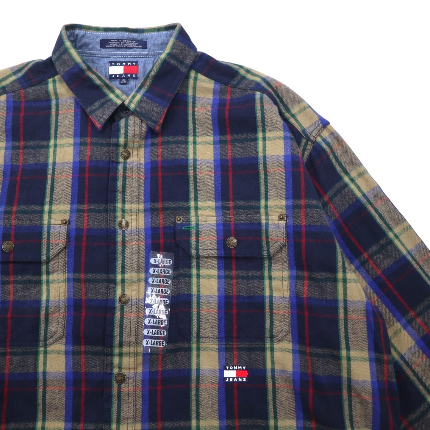 TOMMY JEANS 90s Flannel Shirt, Size XL, Navy Check, Cotton, Snap Buttons, Unused