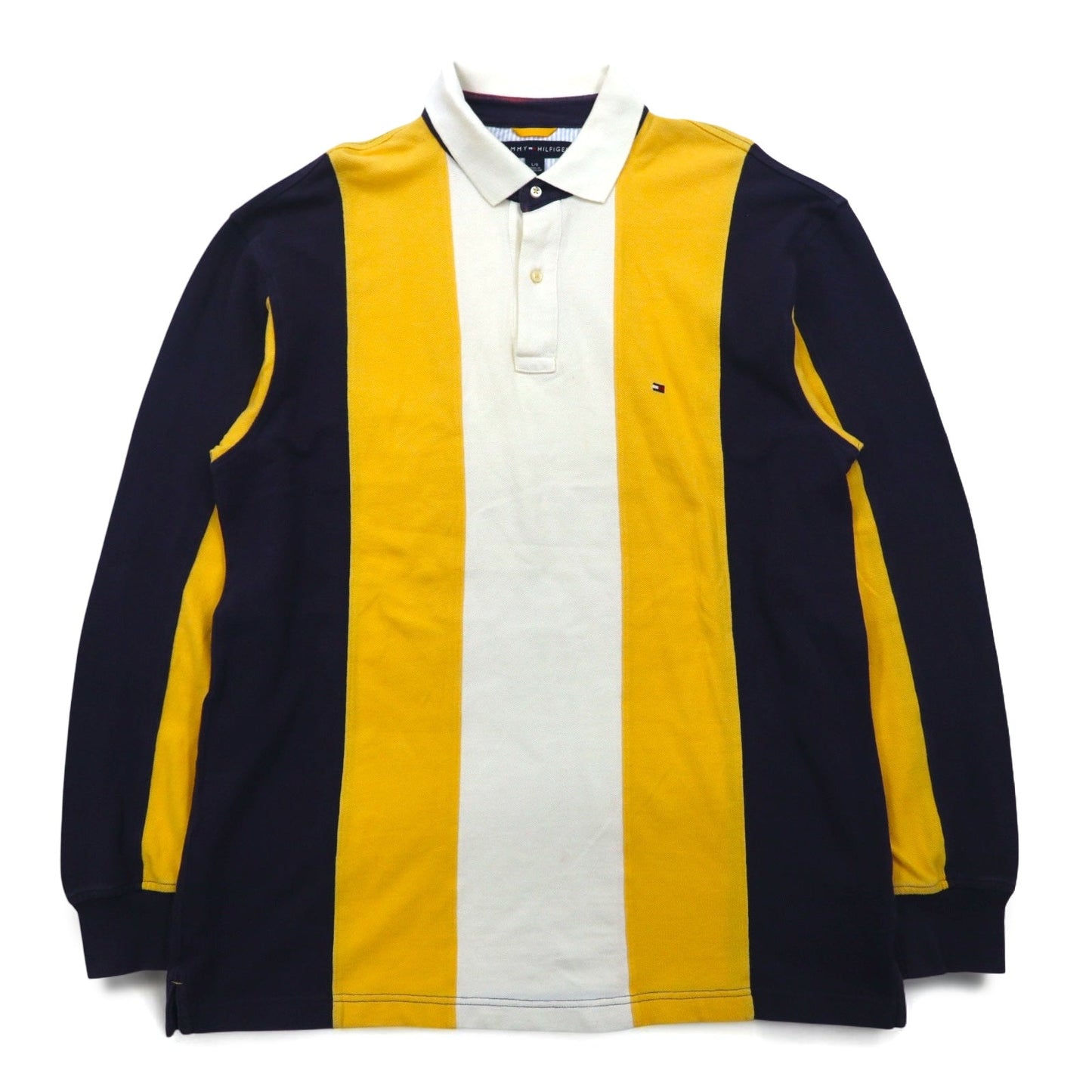 TOMMY HILFIGER Rugby Shirt, Size L, Yellow and Navy Striped Cotton