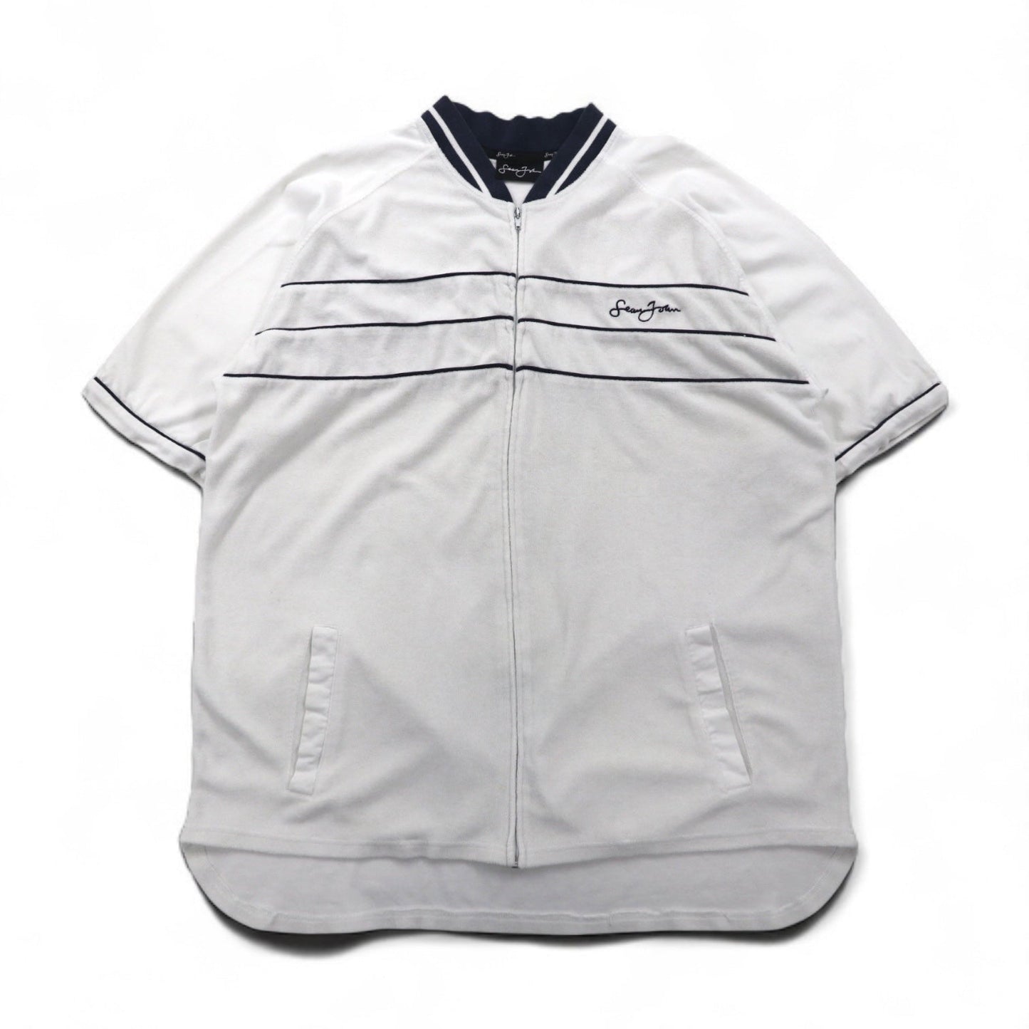 Sean John 90年代 パイル地 半袖 トラックジャケット ジャージ XL ホワイト コットン ポリエステル ワンポイントロゴ刺繍