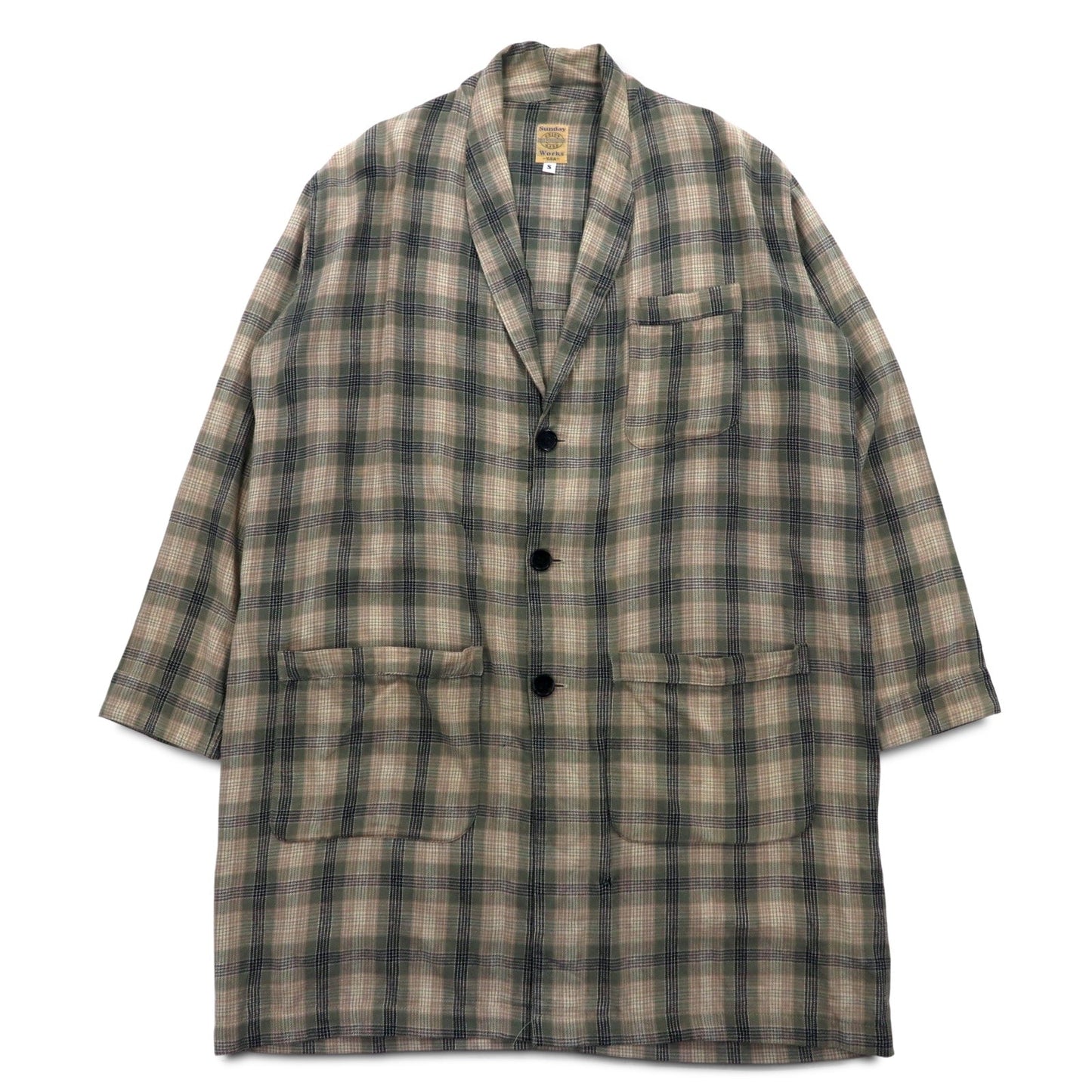 Sunday Works USA-Made Cotton Khaki Check Gown Coat, Size Small, UNION MADE