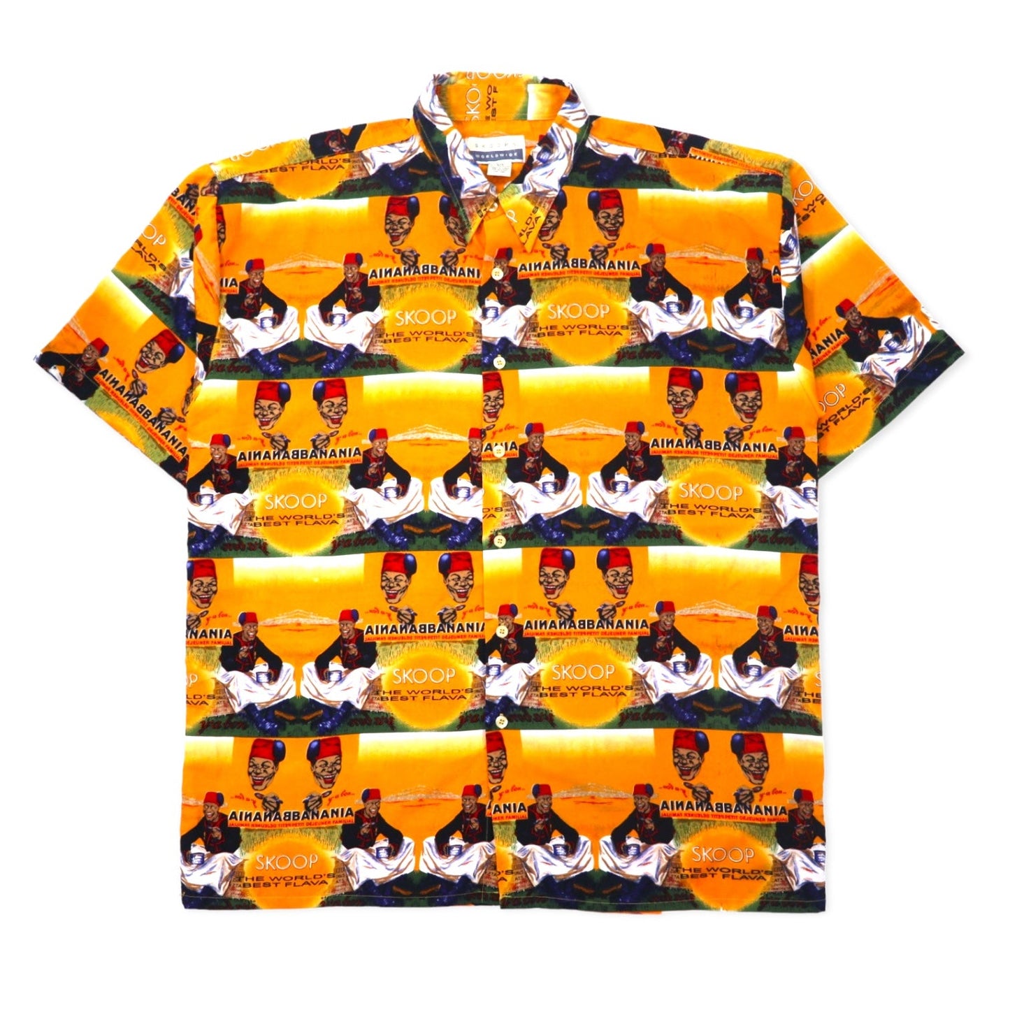 90s SKOOPS WORLDWIDE all-over graphic aloha shirt, XXL, yellow, polyester, oversized
