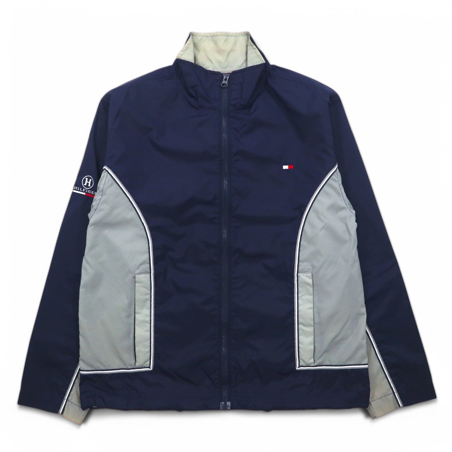 TOMMY HILFIGER 90s Stand Collar Nylon Jacket, Size M, Navy and Gray with Reflective Stripes