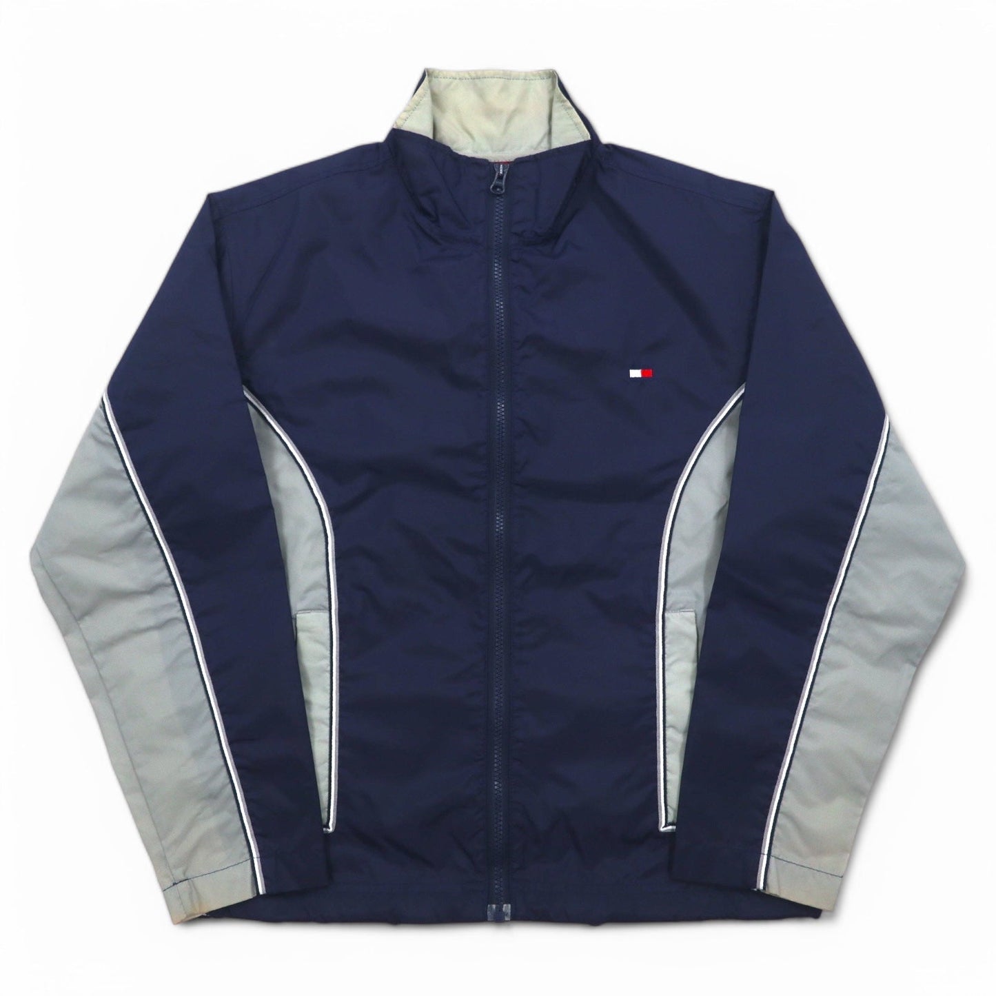 TOMMY HILFIGER 90s Stand Collar Nylon Jacket, Size M, Navy and Gray with Reflective Stripes