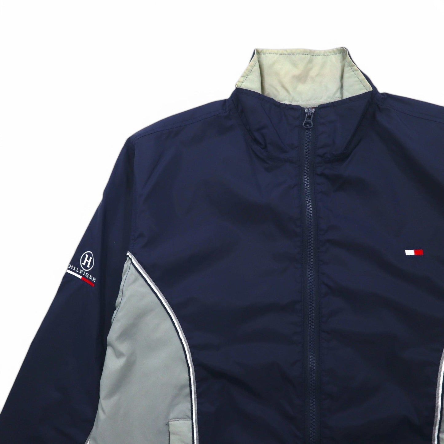 TOMMY HILFIGER 90s Stand Collar Nylon Jacket, Size M, Navy and Gray with Reflective Stripes