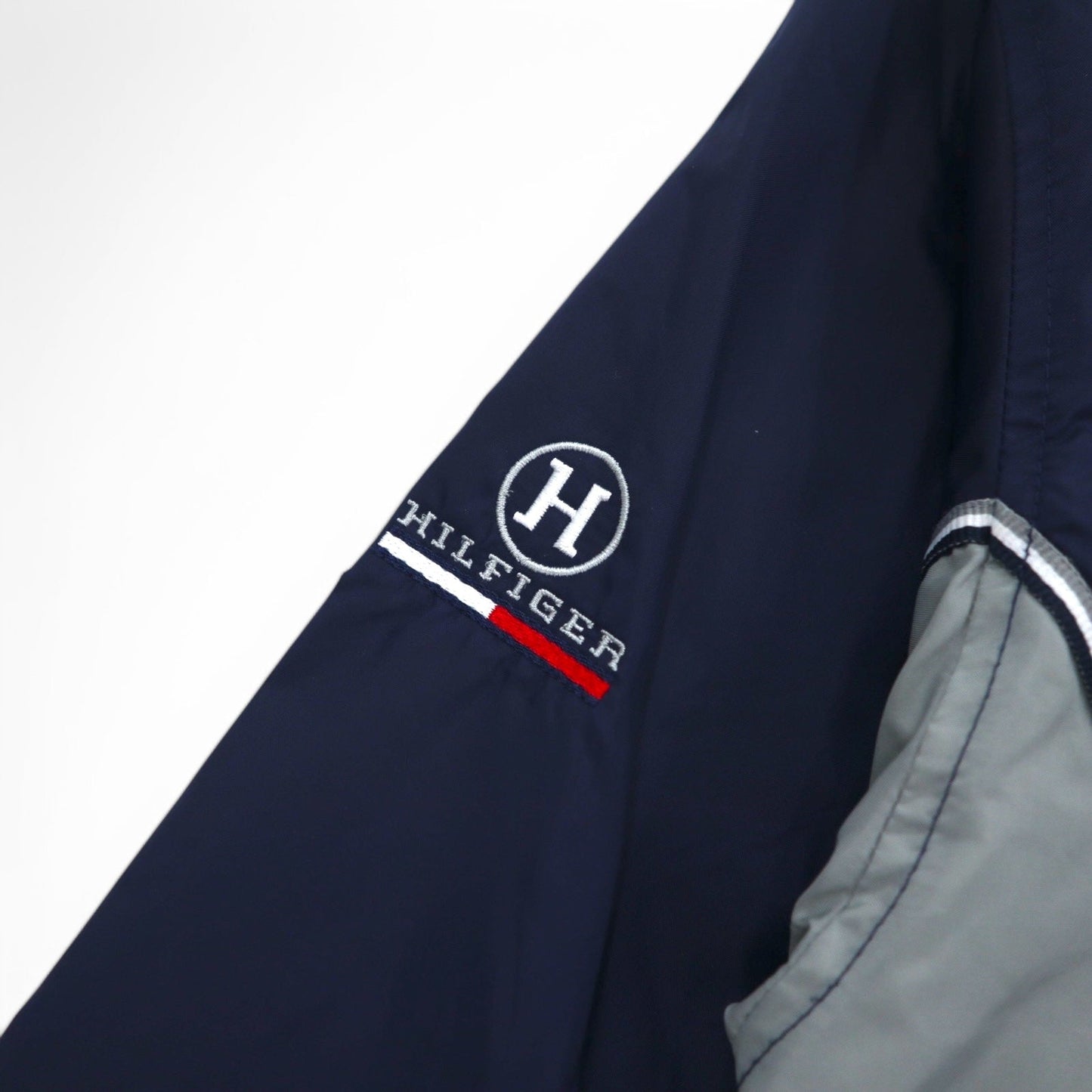 TOMMY HILFIGER 90s Stand Collar Nylon Jacket, Size M, Navy and Gray with Reflective Stripes