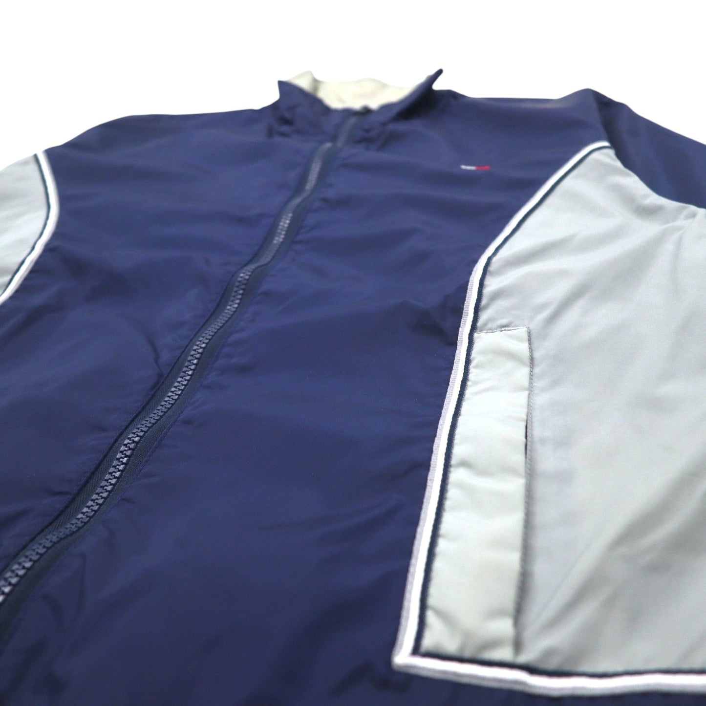 TOMMY HILFIGER 90s Stand Collar Nylon Jacket, Size M, Navy and Gray with Reflective Stripes
