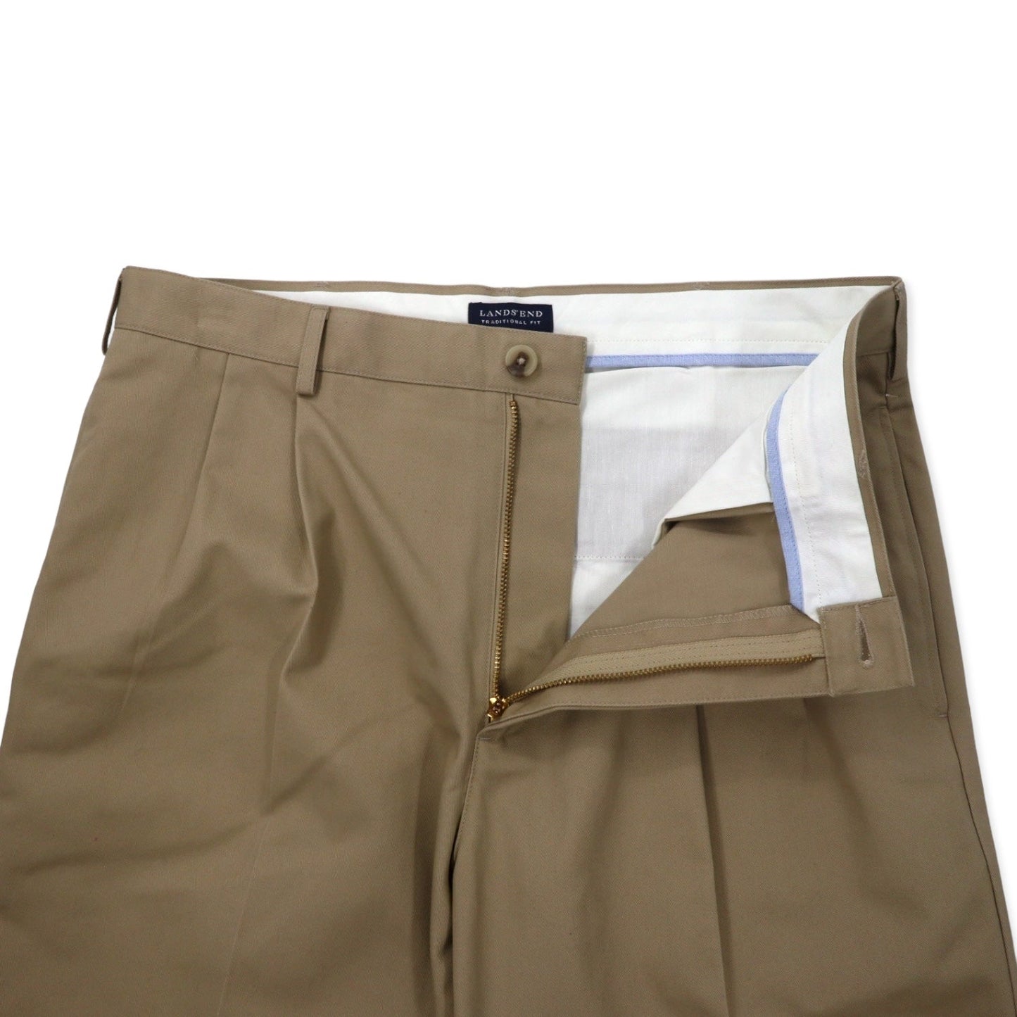 LANDS' END 2-Puck Chino Slacks, Size 34, Beige, Cotton, Traditional Fit, 427855