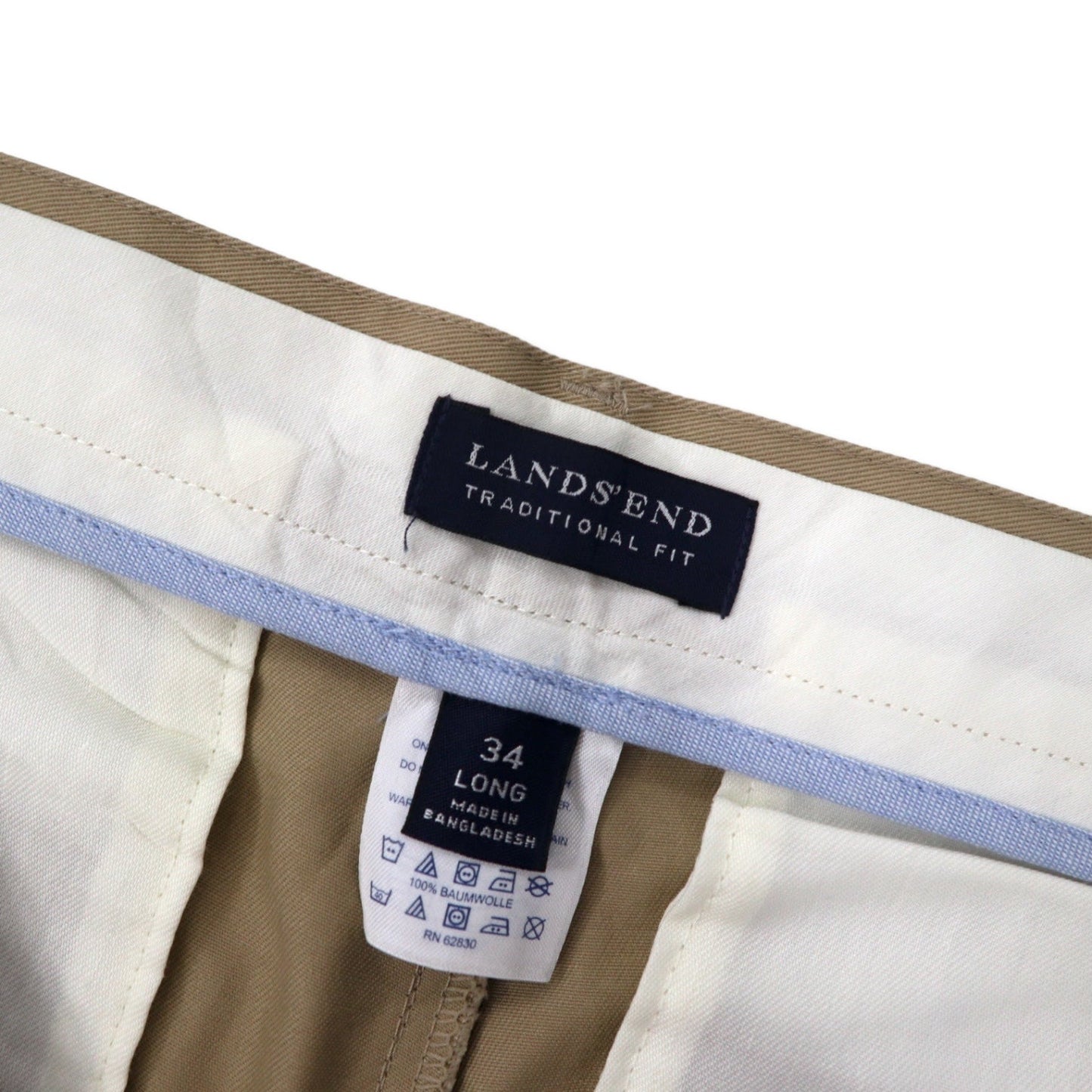 LANDS' END 2-Puck Chino Slacks, Size 34, Beige, Cotton, Traditional Fit, 427855