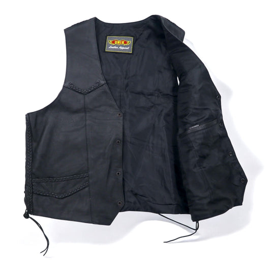 90年代 UNIK Leather Apparel レザーベスト バイカーベスト XL ブラック スナップボタン レースアップ 編み上げ