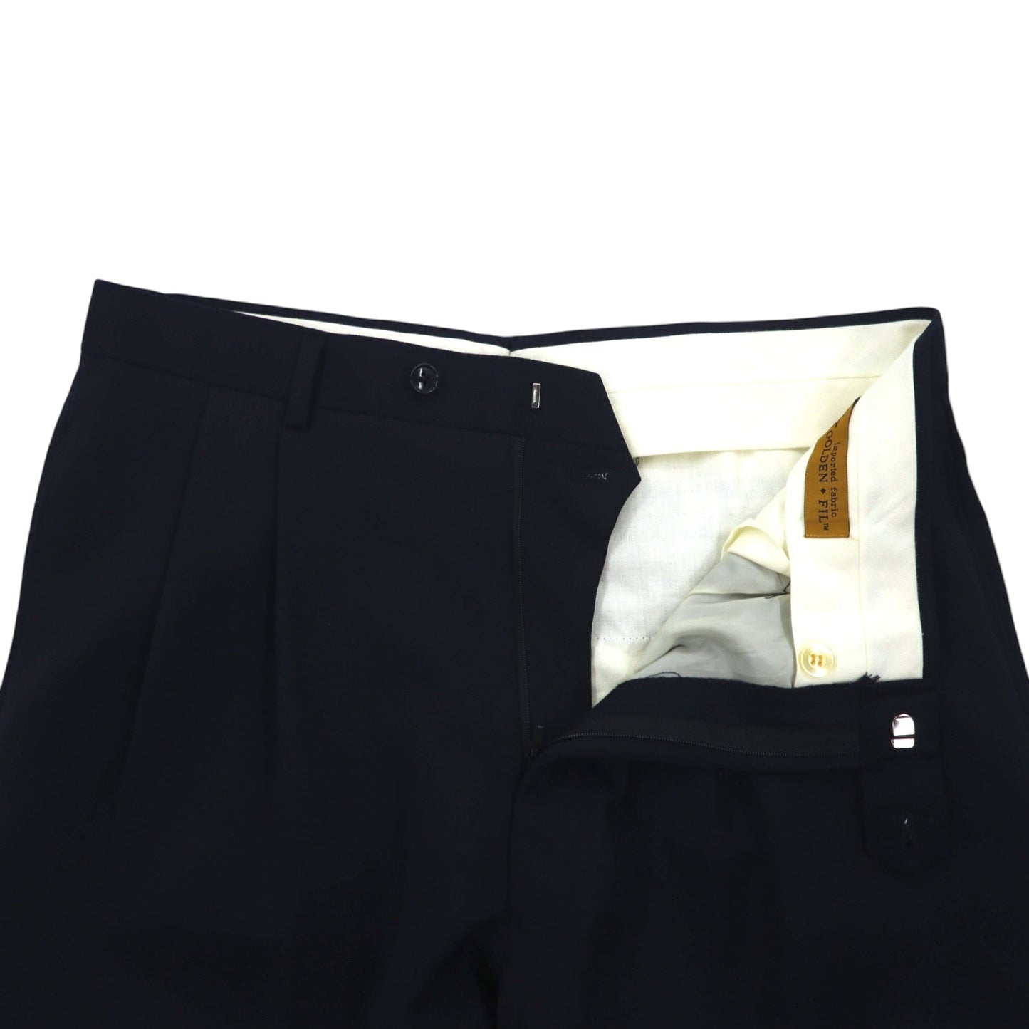 Made in the USA in the 1990s, GOLDEN FIL wide-leg tucked slacks, size 35, navy wool.