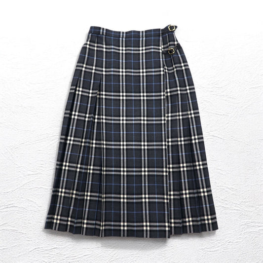 BURBERRYS Nova Check Wrap Pleated Skirt, Size L, Gray Wool, FXA14-068, Made in Japan