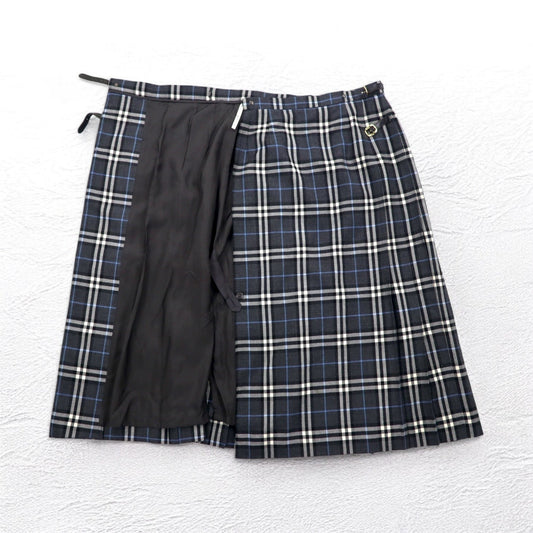 BURBERRYS Nova Check Wrap Pleated Skirt, Size L, Gray Wool, FXA14-068, Made in Japan