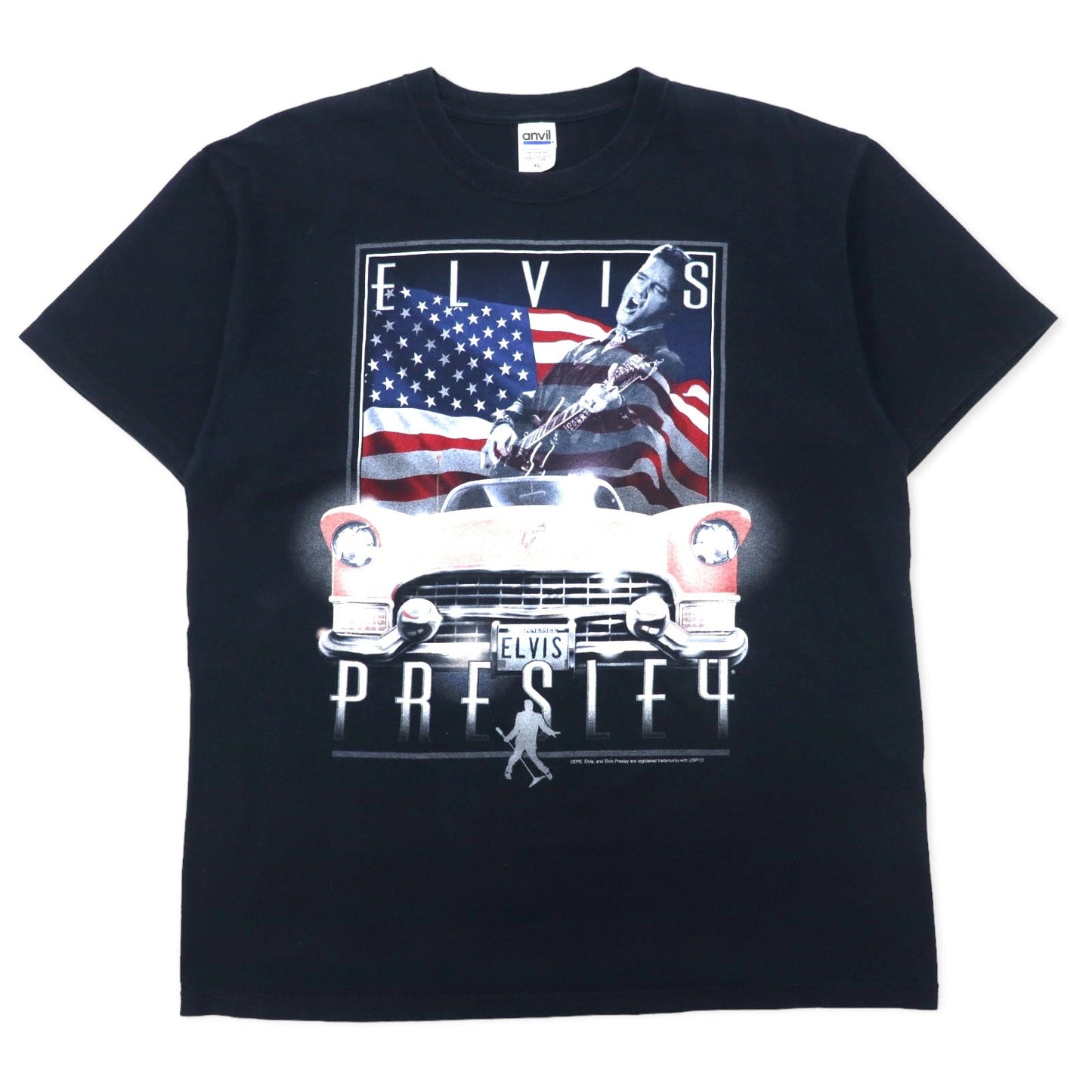 ELVIS PRESLEY Elvis Presley Band T-Shirt, XL, Black Cotton, Stars and Stripes, Anvil Body, Oversized, Made in Honduras