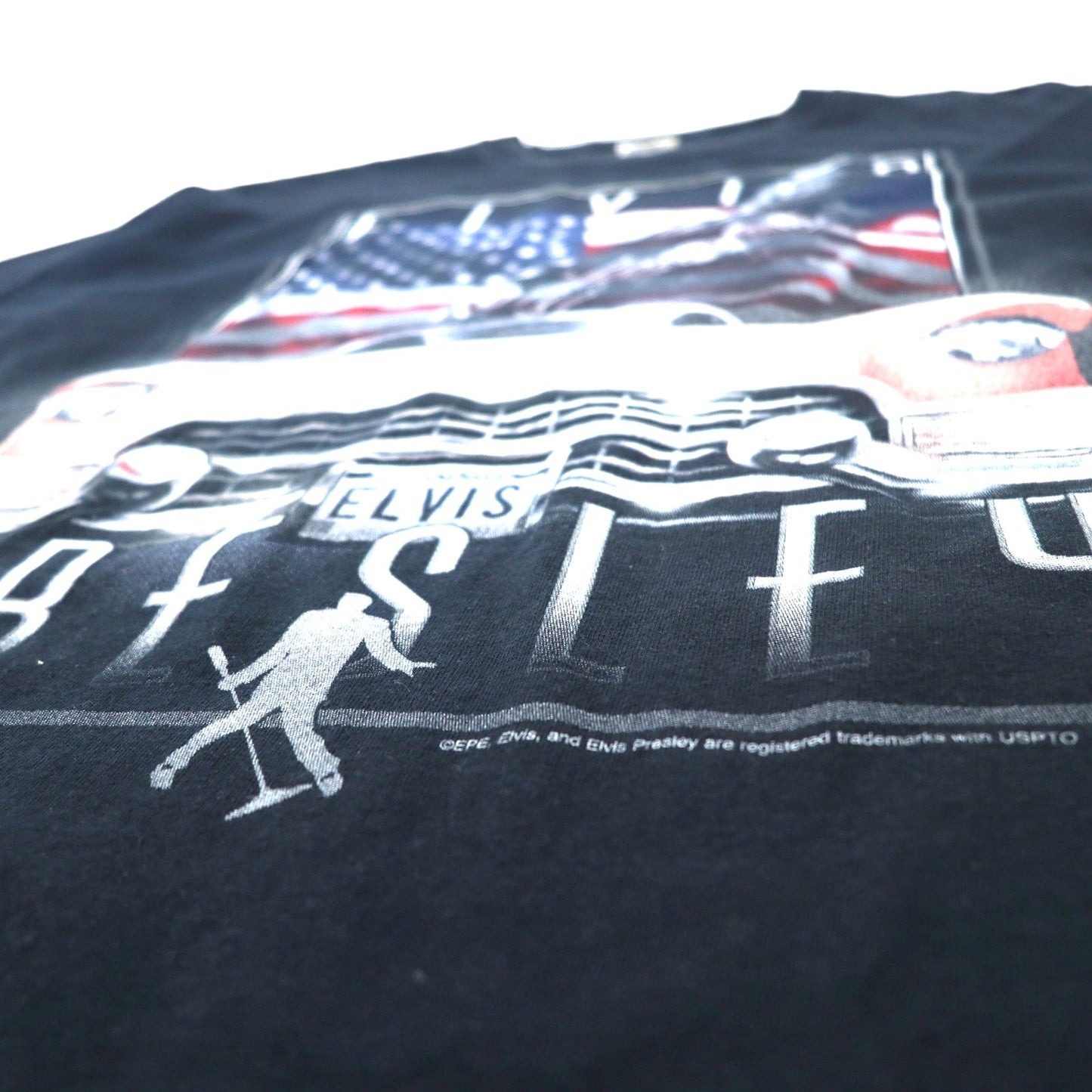 ELVIS PRESLEY Elvis Presley Band T-Shirt, XL, Black Cotton, Stars and Stripes, Anvil Body, Oversized, Made in Honduras