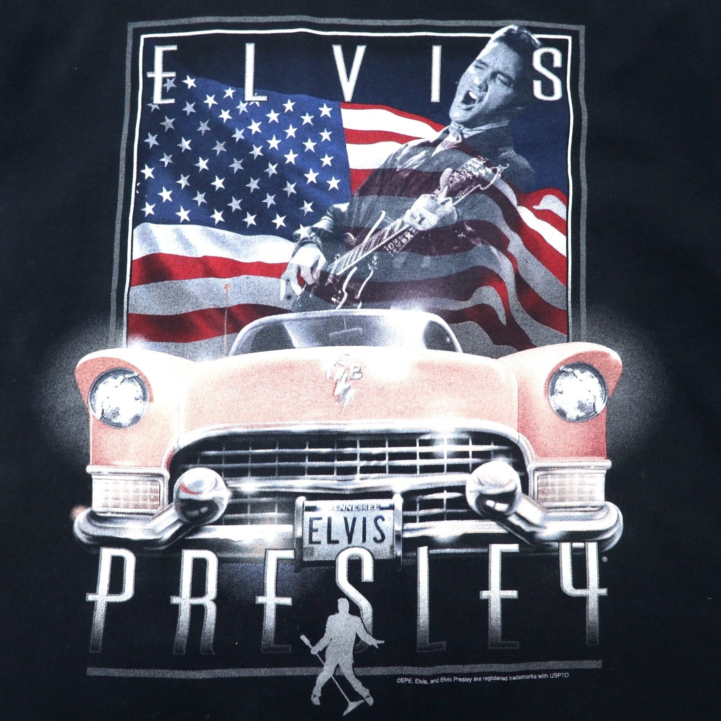 ELVIS PRESLEY Elvis Presley Band T-Shirt, XL, Black Cotton, Stars and Stripes, Anvil Body, Oversized, Made in Honduras