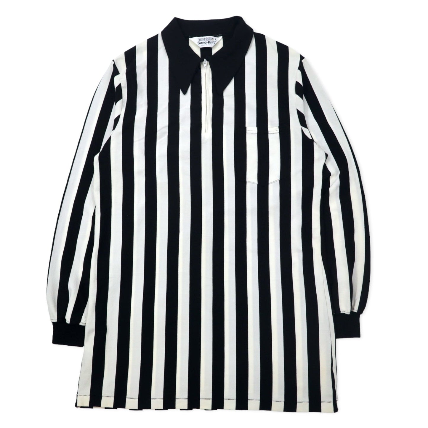 Made in the USA, 1970s Medalist Sand-Knit Half-Zip Game Shirt, Referee Jersey, Size L, White/Black Stripes, Polyester, Talon Zipper