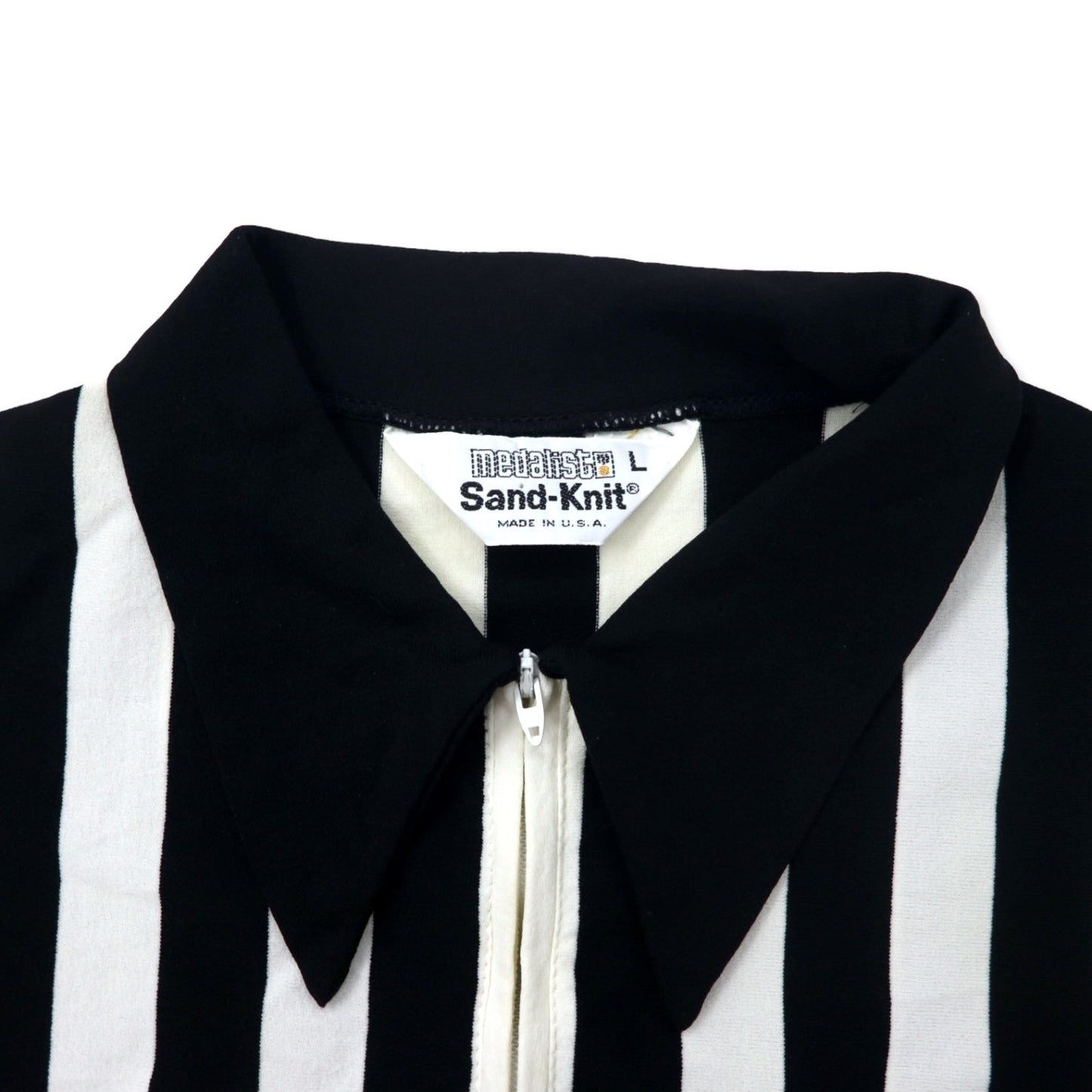 Made in the USA, 1970s Medalist Sand-Knit Half-Zip Game Shirt, Referee Jersey, Size L, White/Black Stripes, Polyester, Talon Zipper