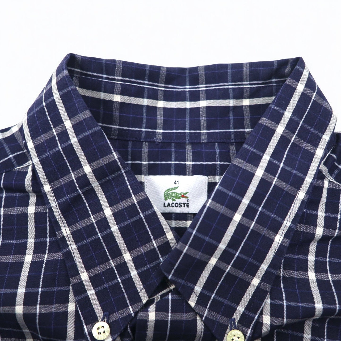 LACOSTE ボタンダウンシャツ L ネイビー チェック コットン DEVANLAY社製 F5182